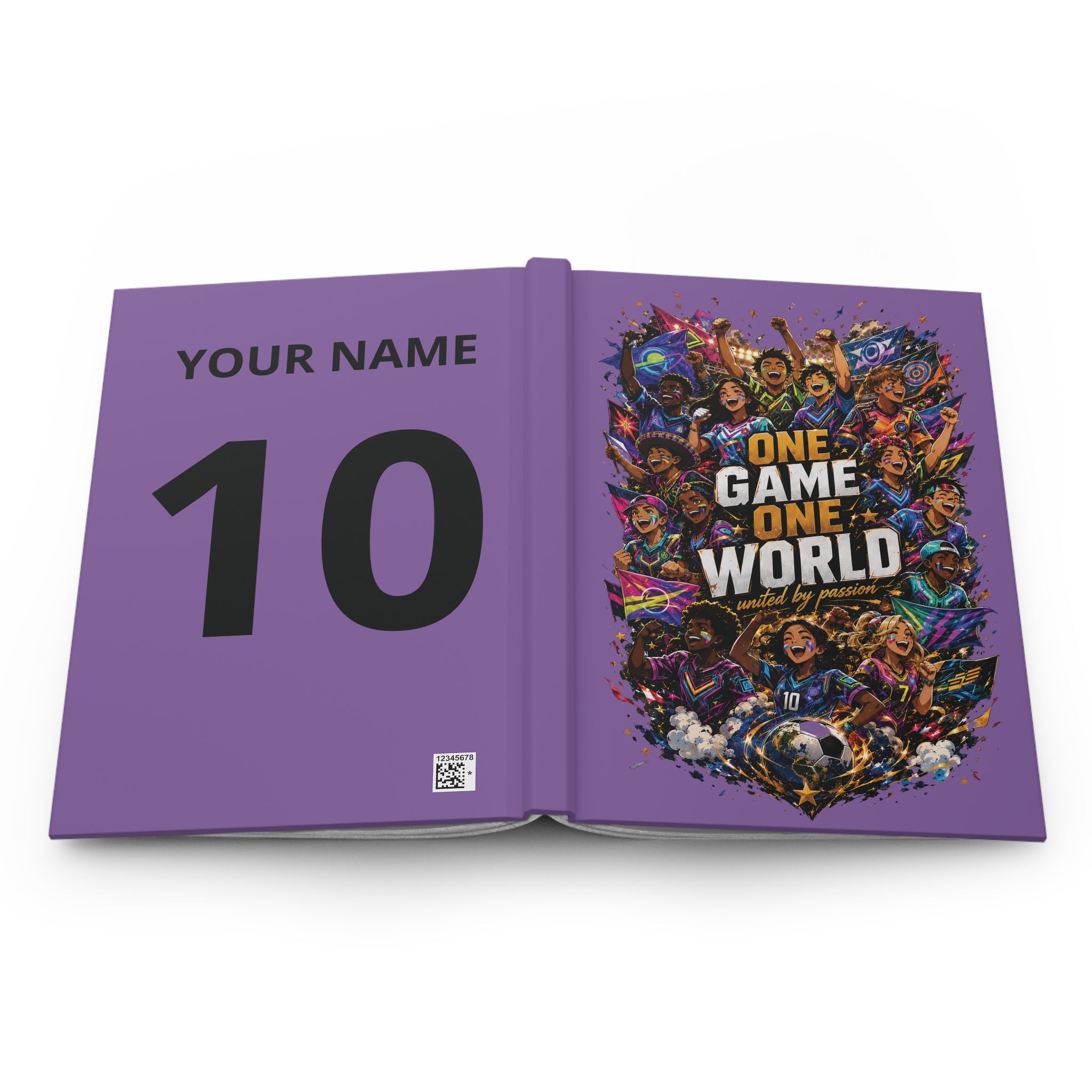 One Game One World Hardcover Journal — Personalized Soccer Notebook (Custom Name & Number)
