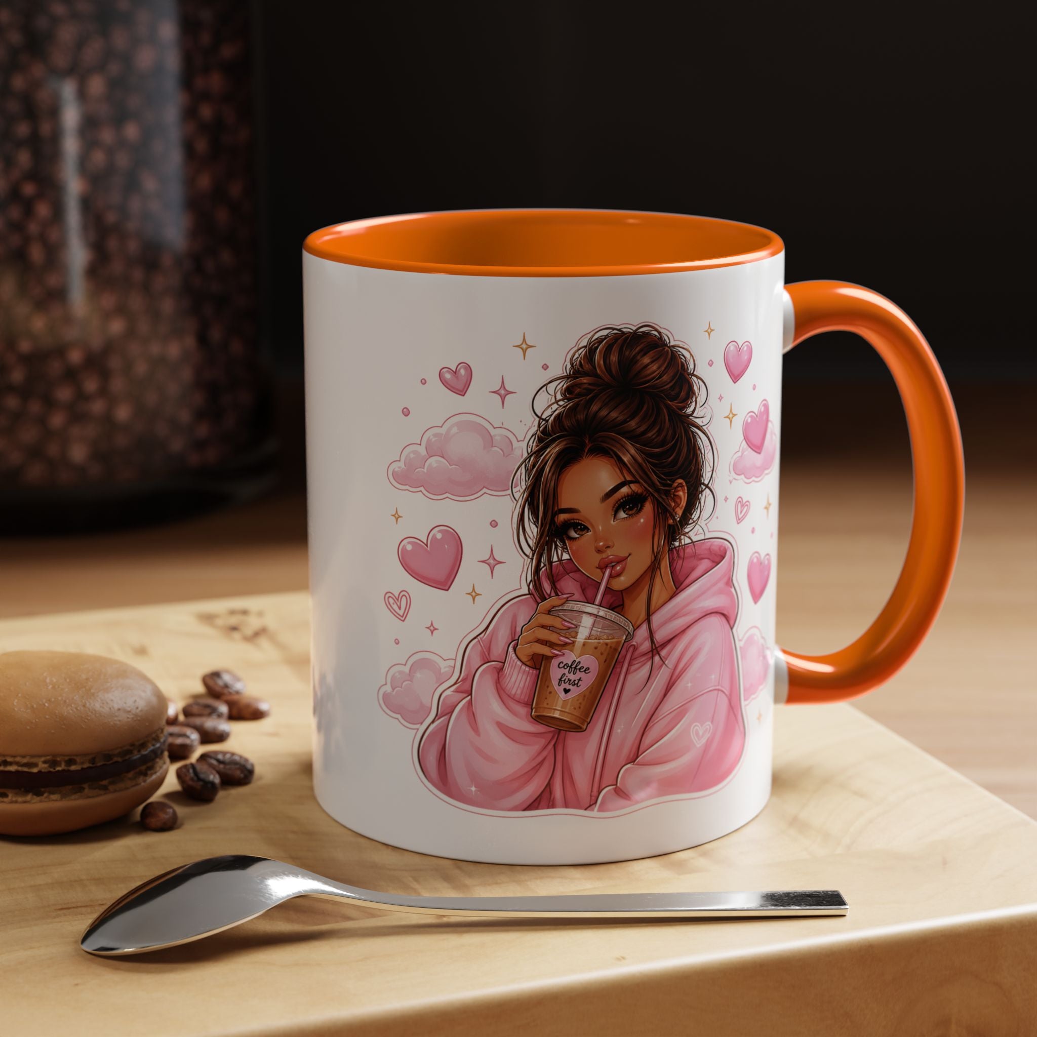Cute Girl Pink Hoodie Coffee Mug — Iced Coffee Aesthetic Accent Mug (11/15oz)