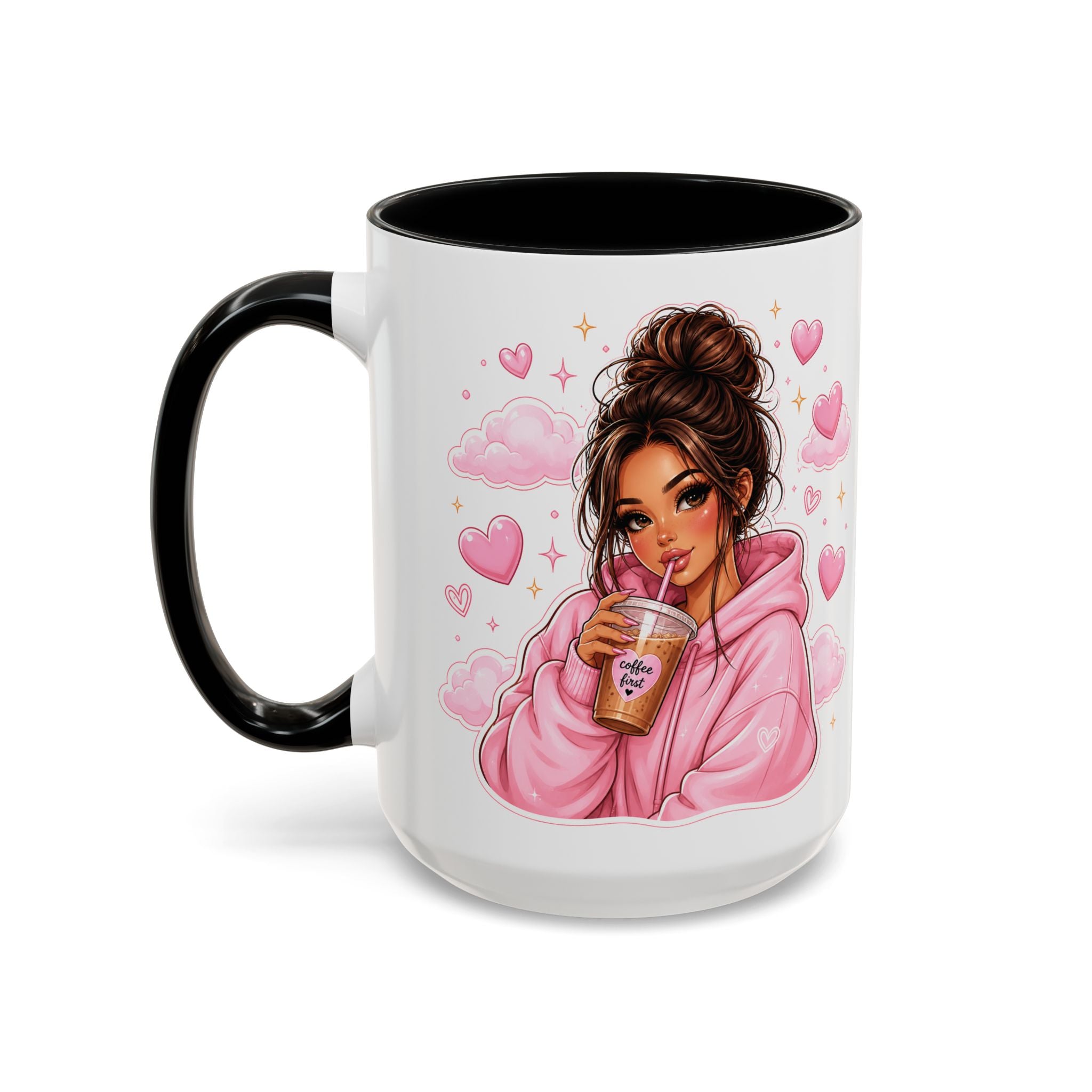 Cute Girl Pink Hoodie Coffee Mug — Iced Coffee Aesthetic Accent Mug (11/15oz)