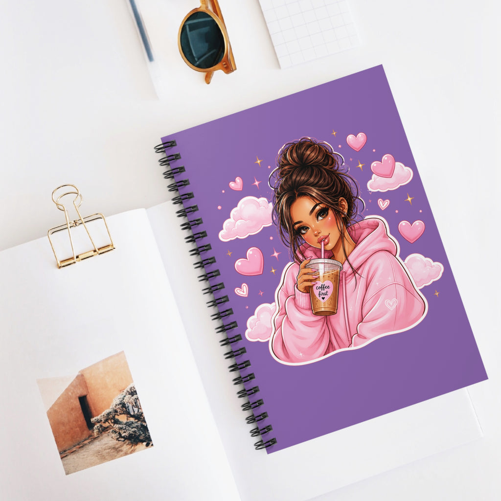 Cute Girl Drinking Boba Spiral Notebook — Pink Hoodie Illustration, Ruled Journal