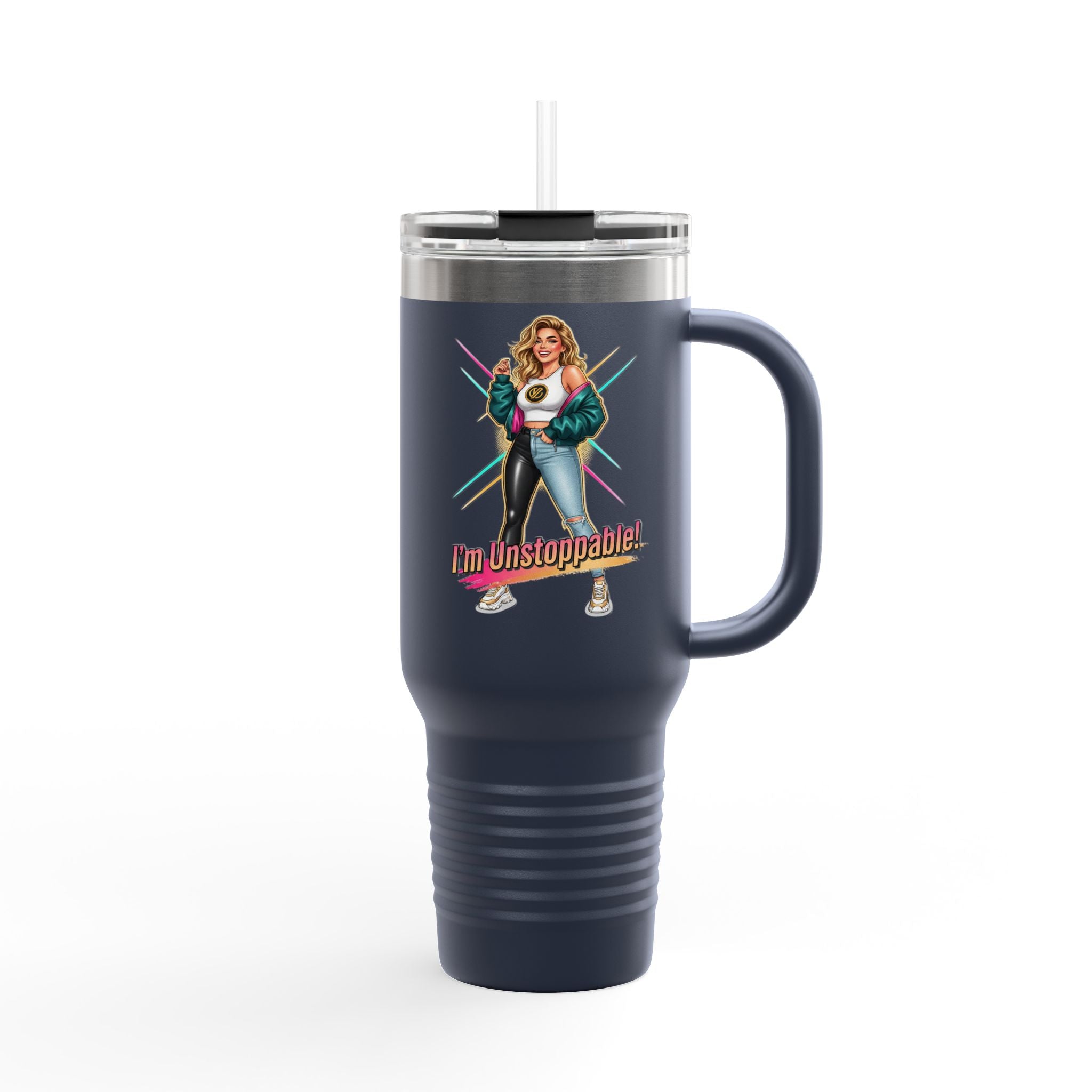 40oz Insulated Travel Mug — “I’m Unstoppable” Retro Fitness Graphic