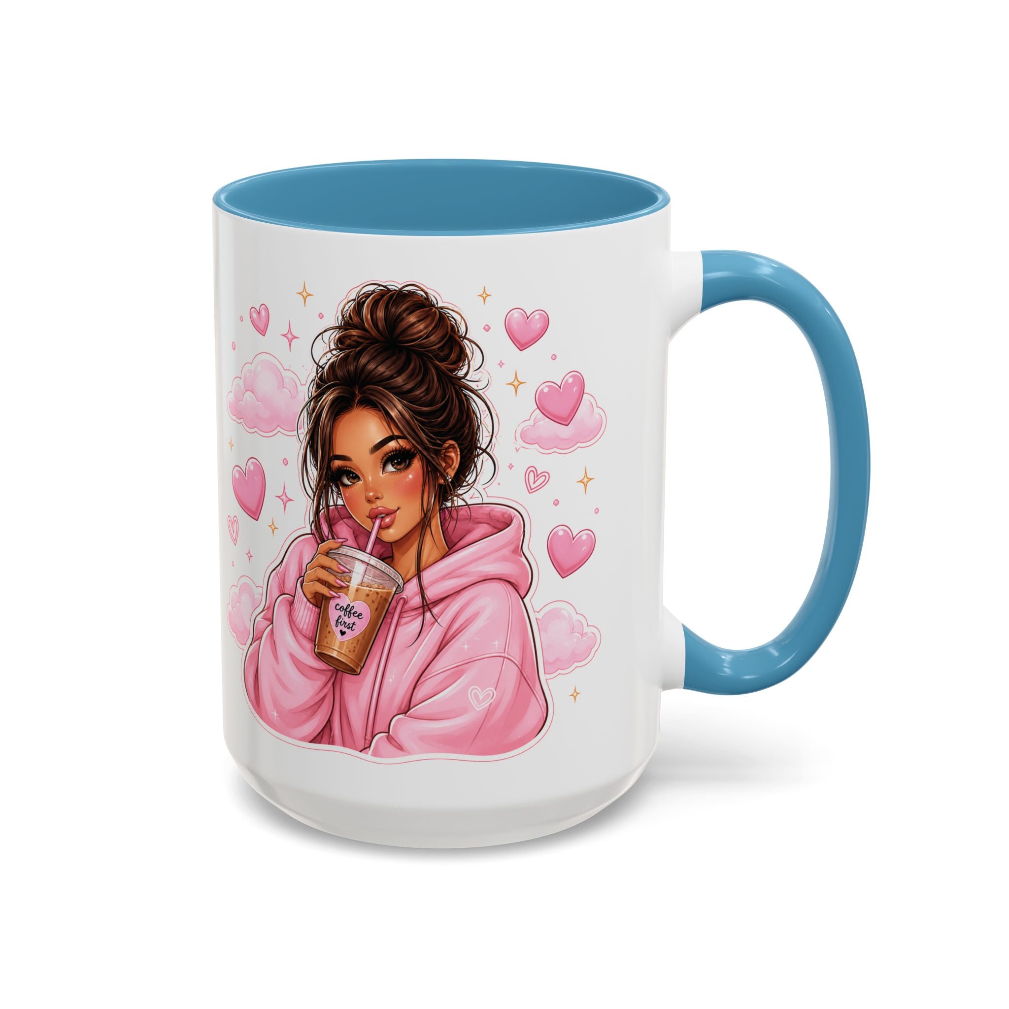 Cute Girl Pink Hoodie Coffee Mug — Iced Coffee Aesthetic Accent Mug (11/15oz)