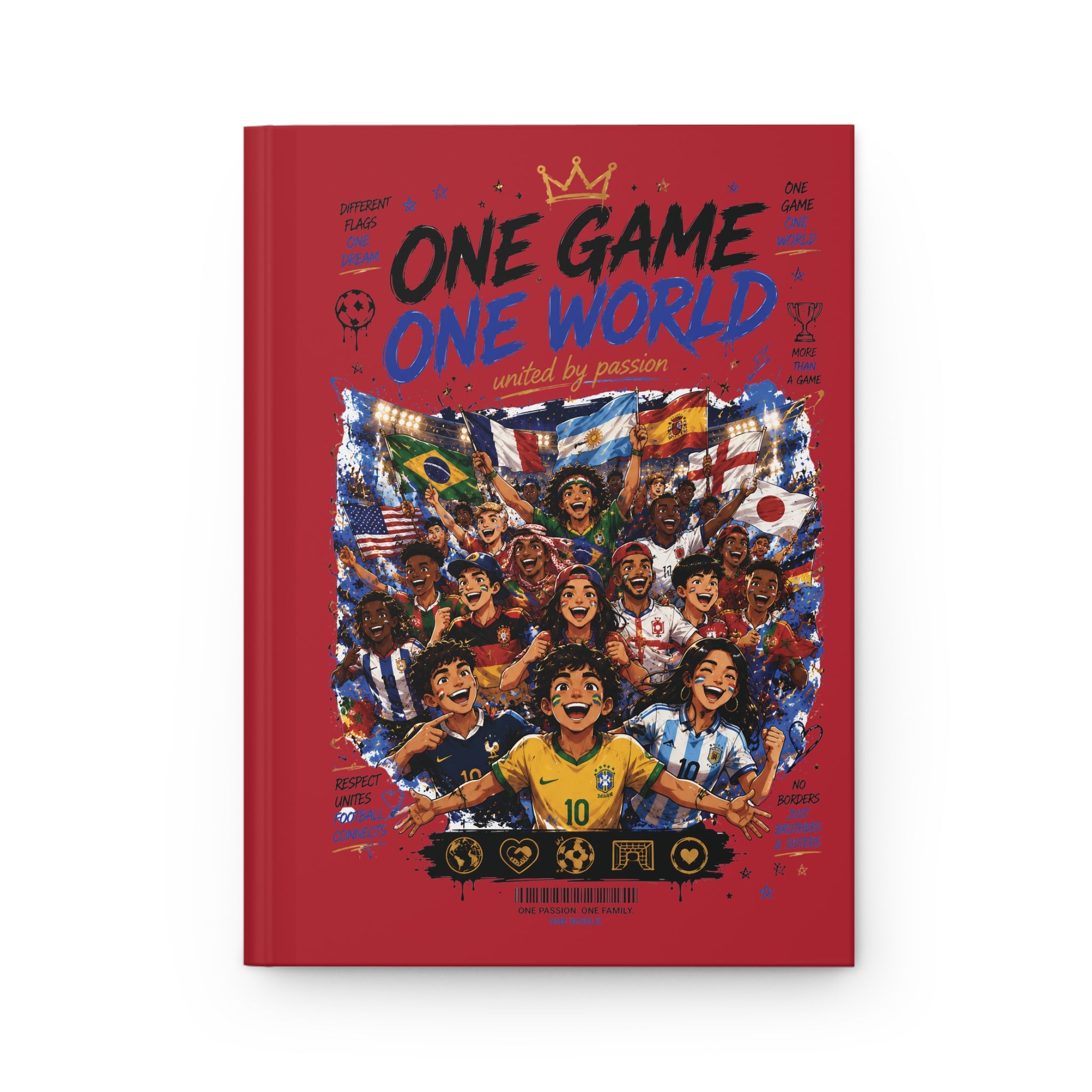 Hardcover Journal — "One Game One World" Soccer Team Notebook (Personalizable Back with Name & Number)