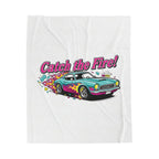 Catch the Fire Retro Cartoon Car Velveteen Plush Blanket | racing flame, vintage car illustration