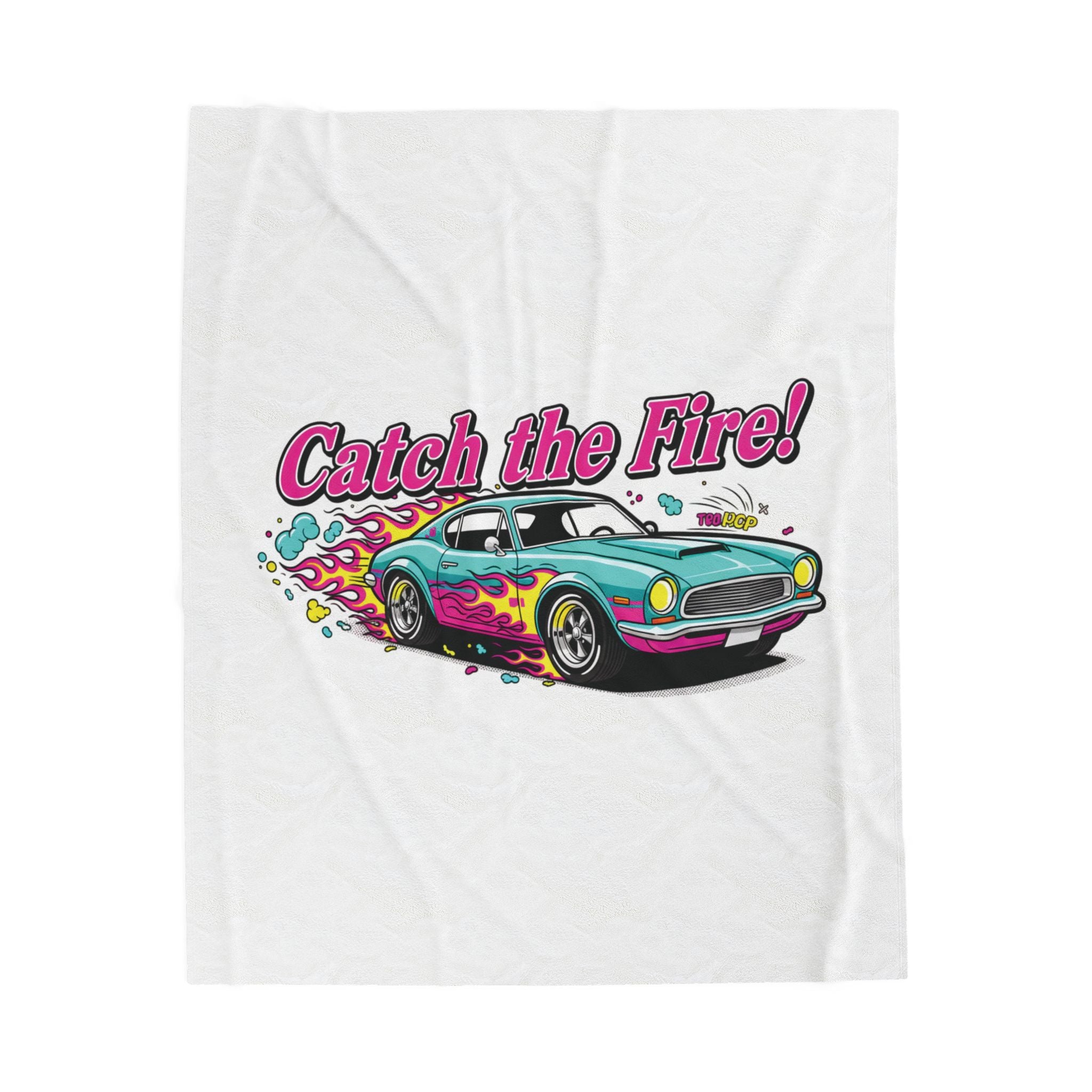 Catch the Fire Retro Cartoon Car Velveteen Plush Blanket | racing flame, vintage car illustration