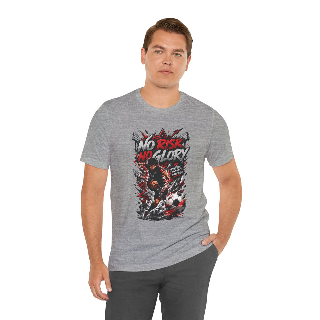 No Risk No Glory Soccer T-Shirt — Dynamic Football Player Graphic Tee