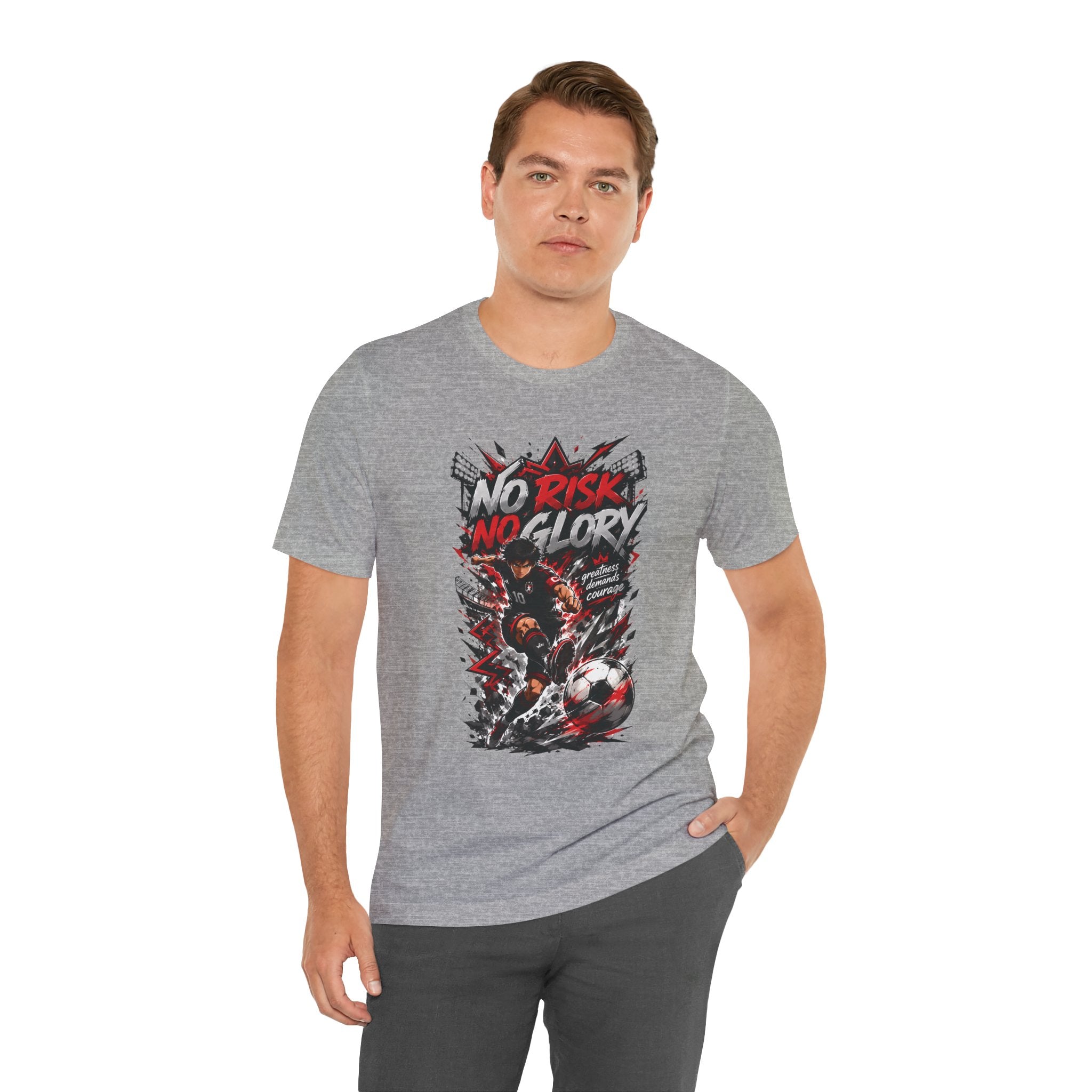 No Risk No Glory Soccer T-Shirt — Dynamic Football Player Graphic Tee