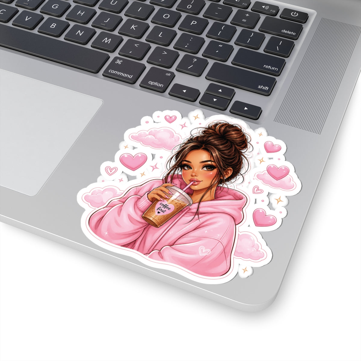 Cute Girl Sipping Coffee Sticker — Pink Hoodie Kiss-Cut Vinyl Decal