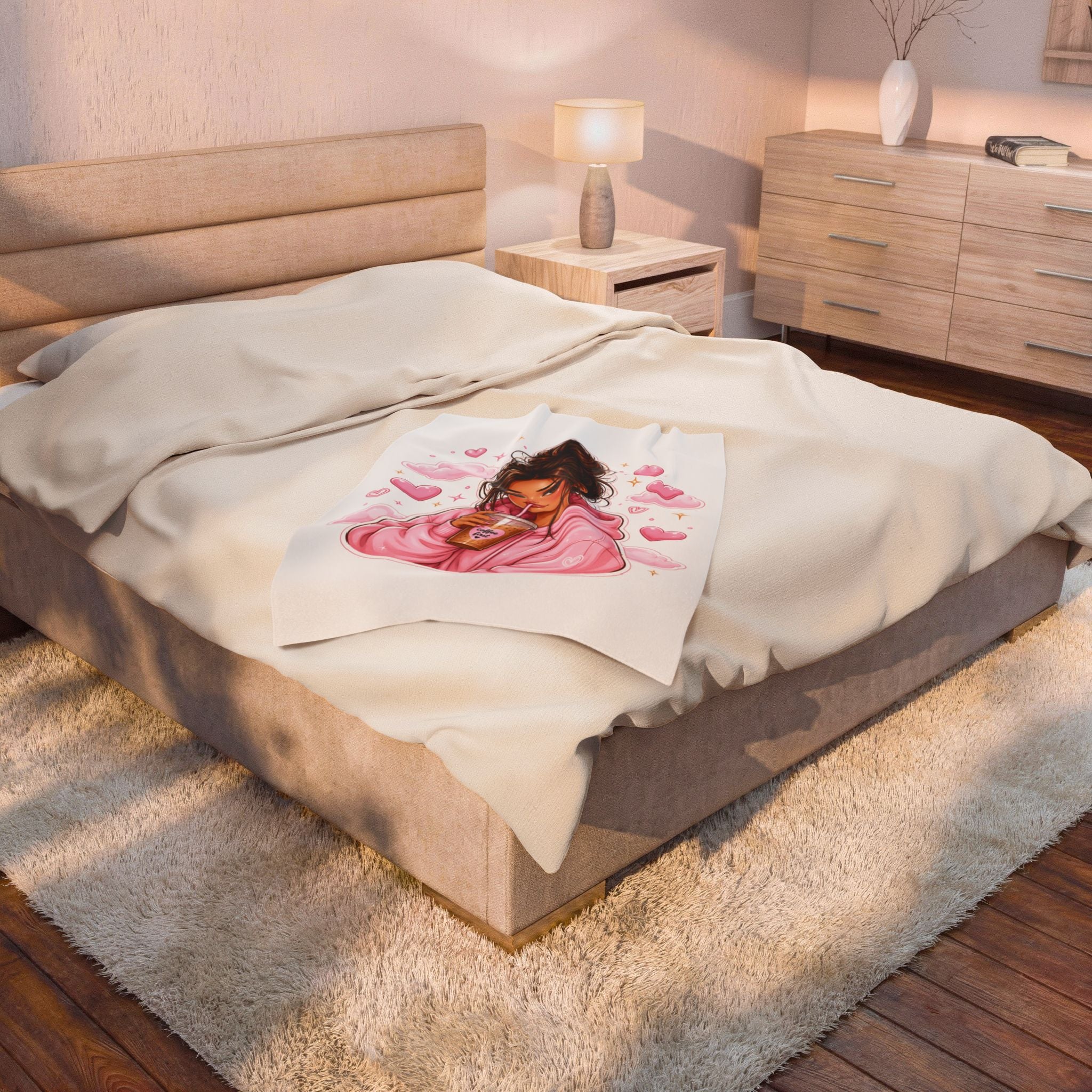 Velveteen Plush Blanket — Cozy Pink Hoodie Girl with Coffee Illustration