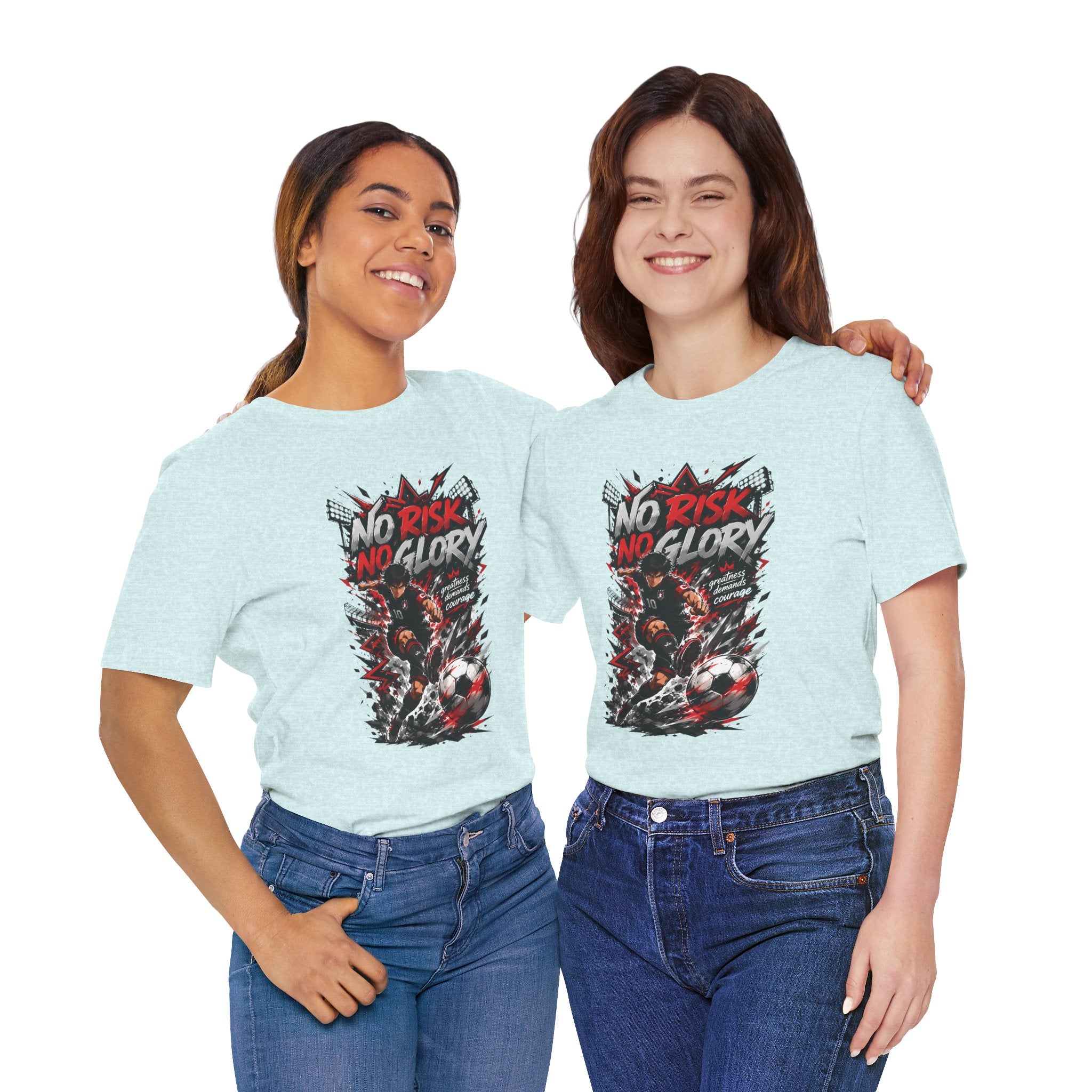 No Risk No Glory Soccer T-Shirt — Dynamic Football Player Graphic Tee