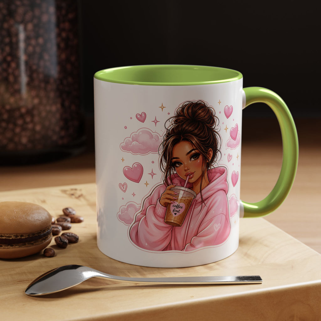 Cute Girl Pink Hoodie Coffee Mug — Iced Coffee Aesthetic Accent Mug (11/15oz)