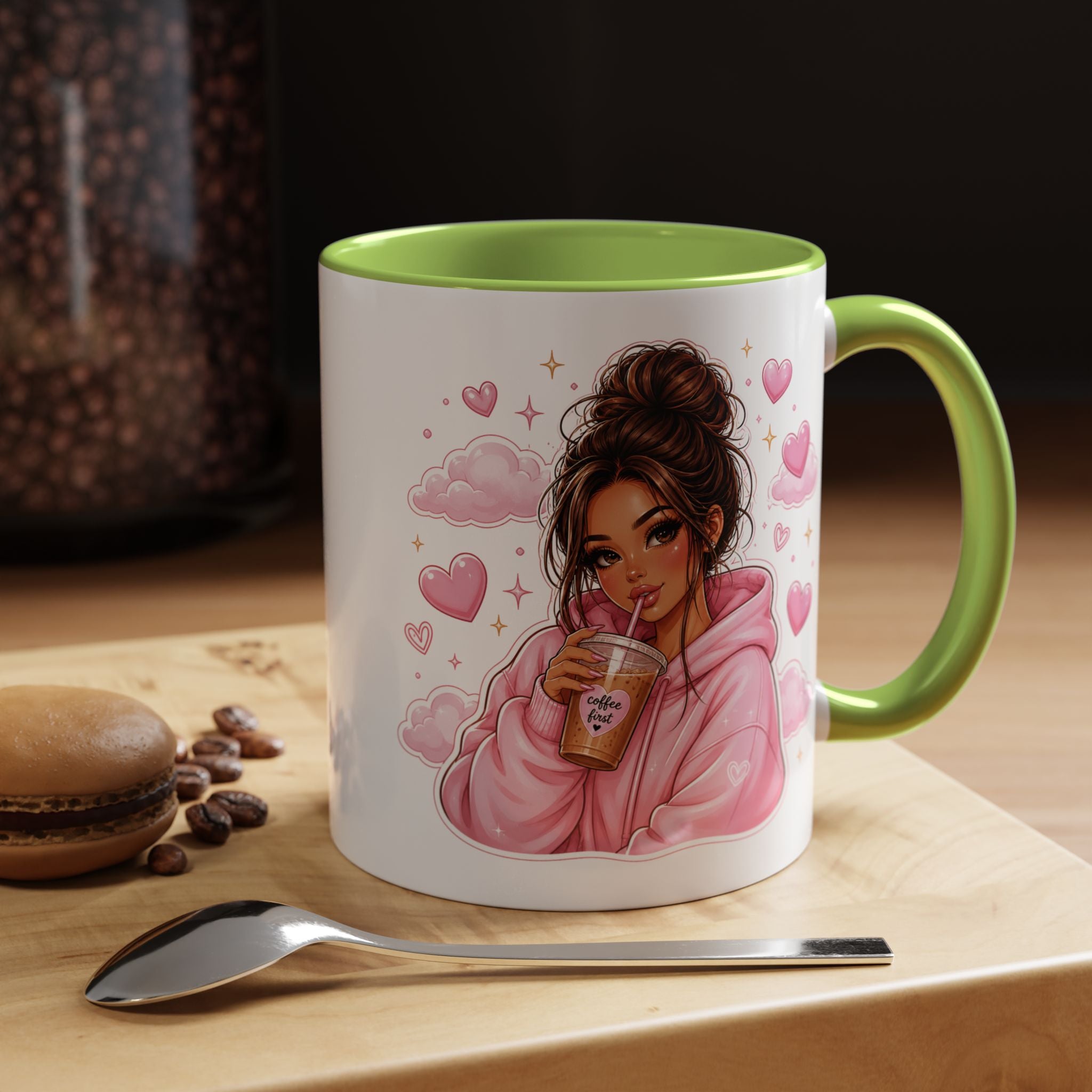 Cute Girl Pink Hoodie Coffee Mug — Iced Coffee Aesthetic Accent Mug (11/15oz)