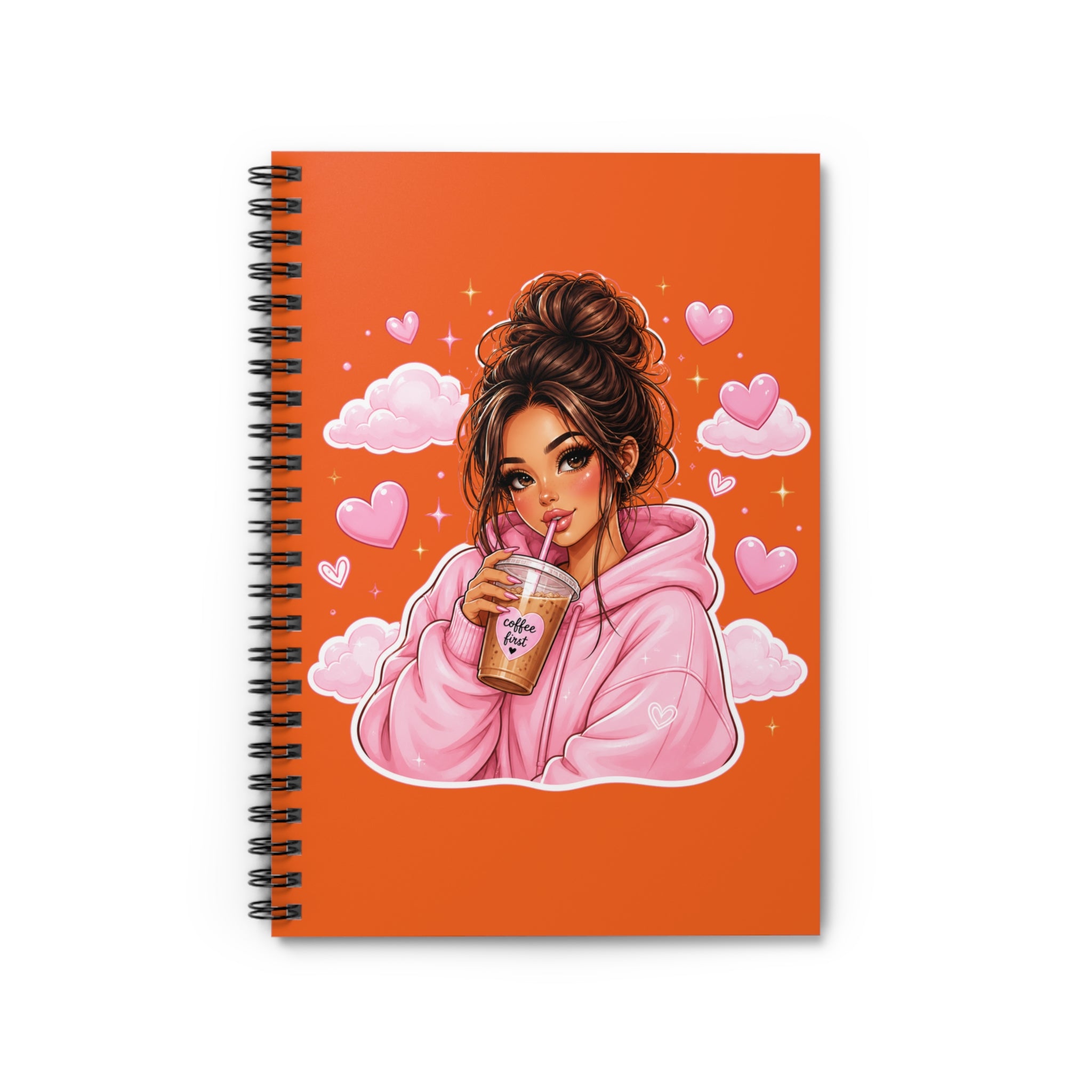 Cute Girl Drinking Boba Spiral Notebook – Pink Hoodie Illustration Ruled Journal