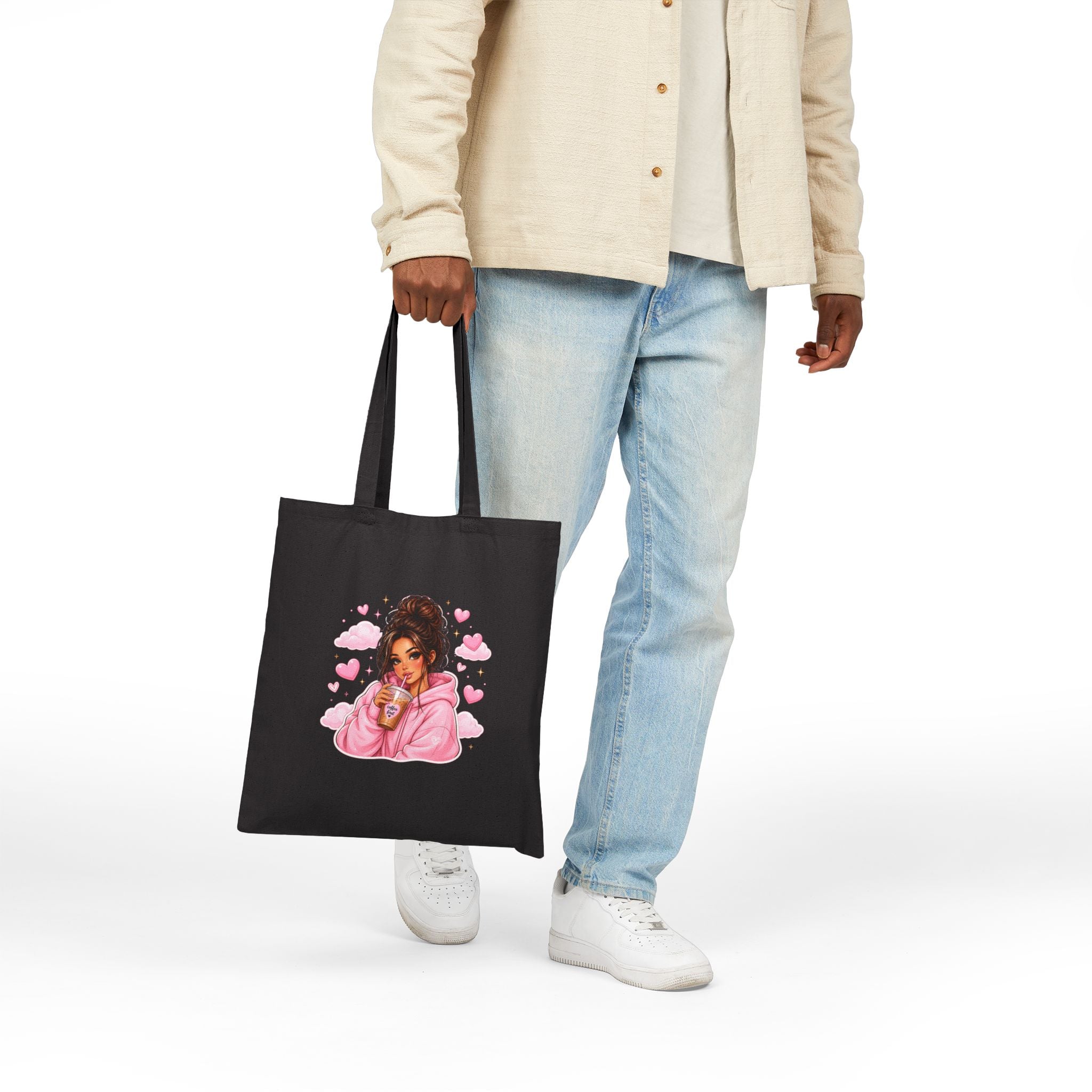 Cute Girl with Coffee Canvas Tote Bag - Pink Hoodie Illustration