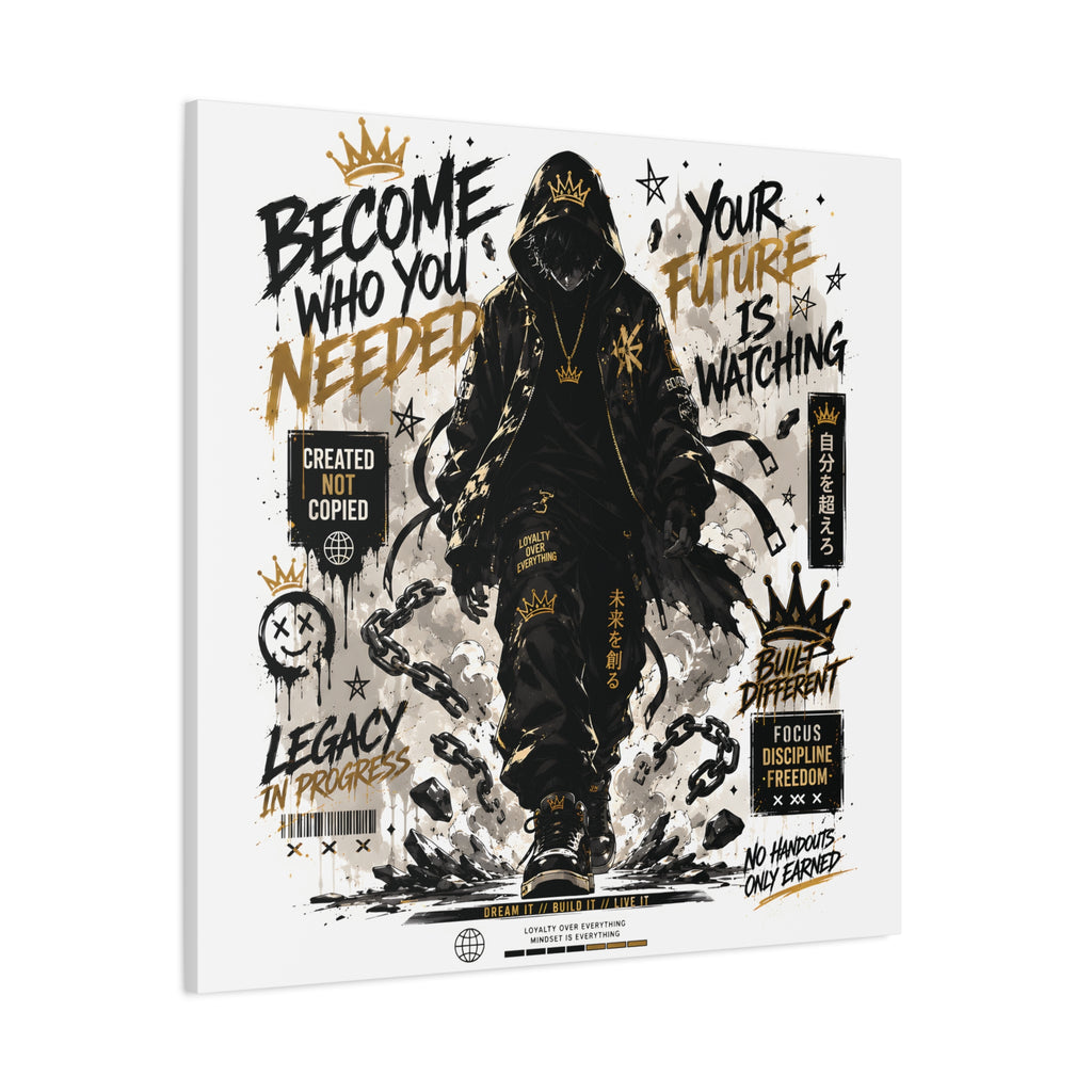 Motivational Street Art Canvas — "Become Who You Needed" Stretched Matte Print