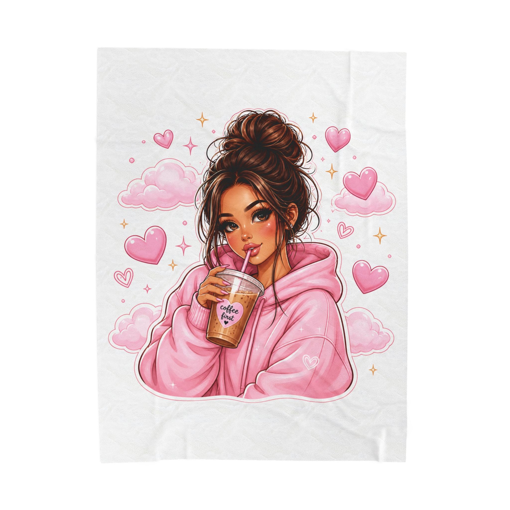 Velveteen Plush Blanket — Cozy Pink Hoodie Girl with Coffee Illustration