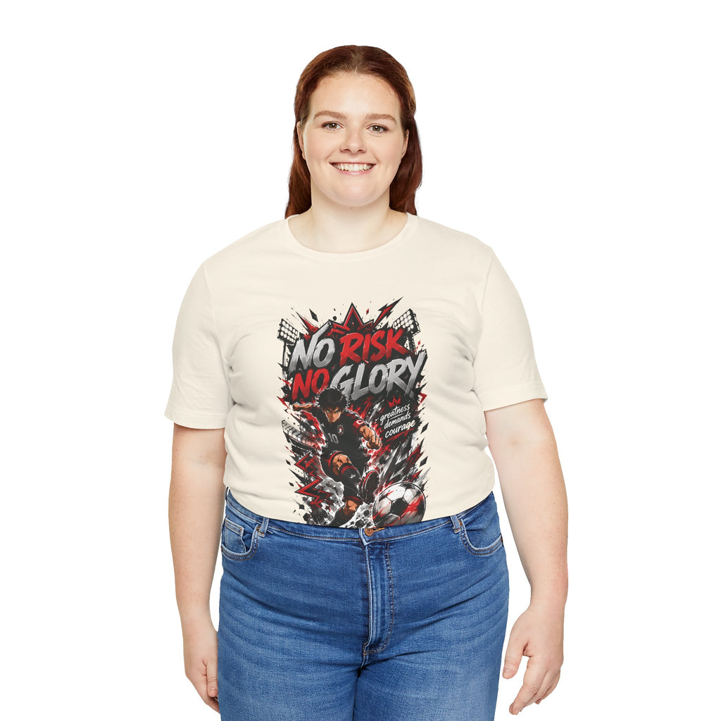 No Risk No Glory Soccer T-Shirt — Dynamic Football Player Graphic Tee
