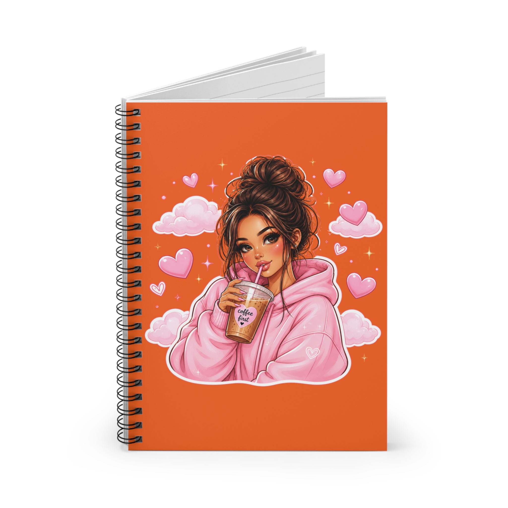 Cute Girl Drinking Boba Spiral Notebook – Pink Hoodie Illustration Ruled Journal