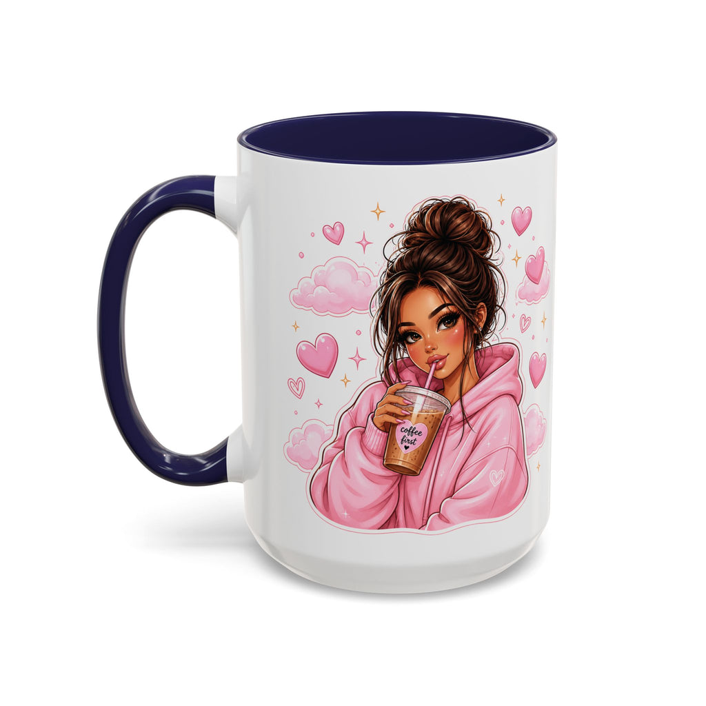Cute Girl Pink Hoodie Coffee Mug — Iced Coffee Aesthetic Accent Mug (11/15oz)