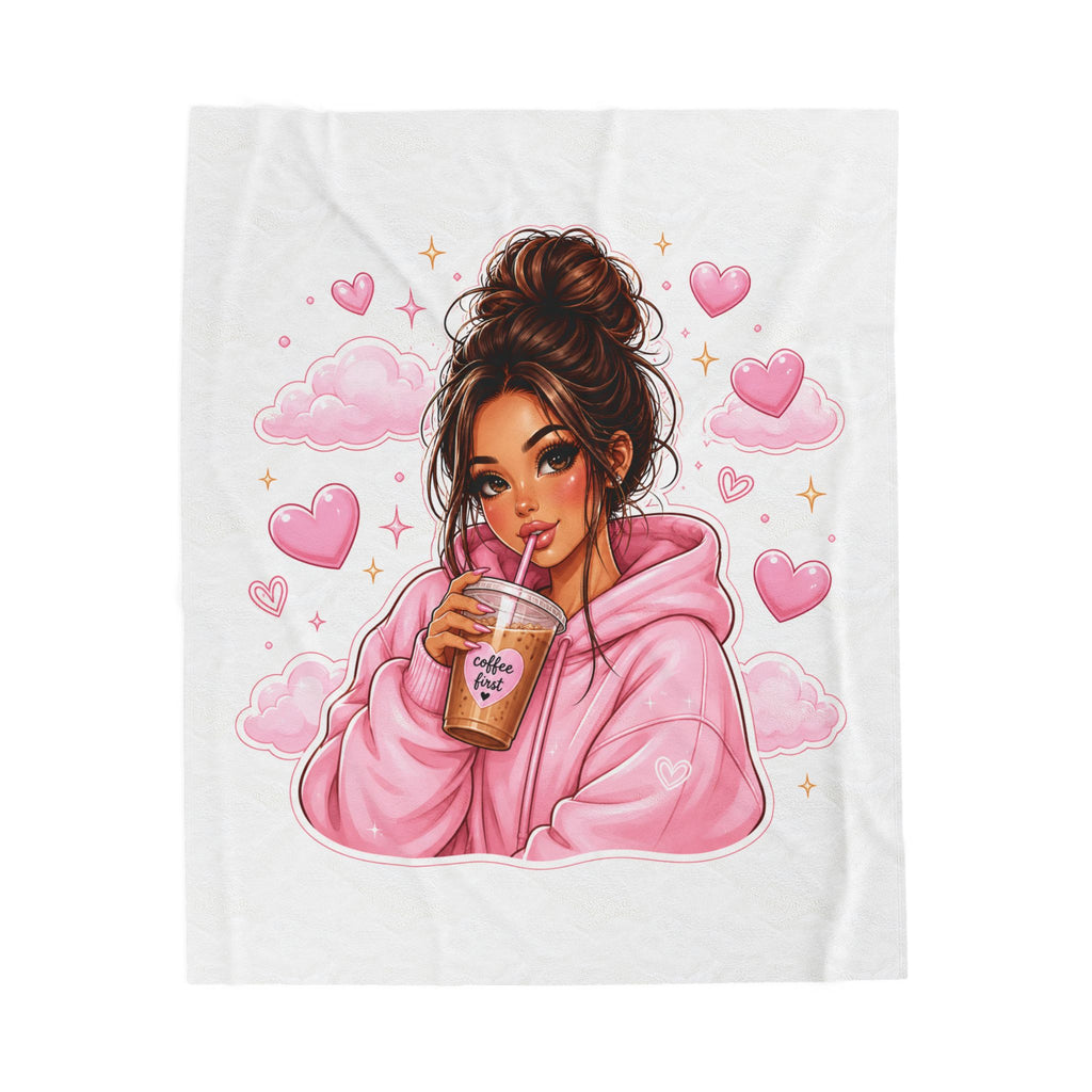 Velveteen Plush Blanket — Cozy Pink Hoodie Girl with Coffee Illustration