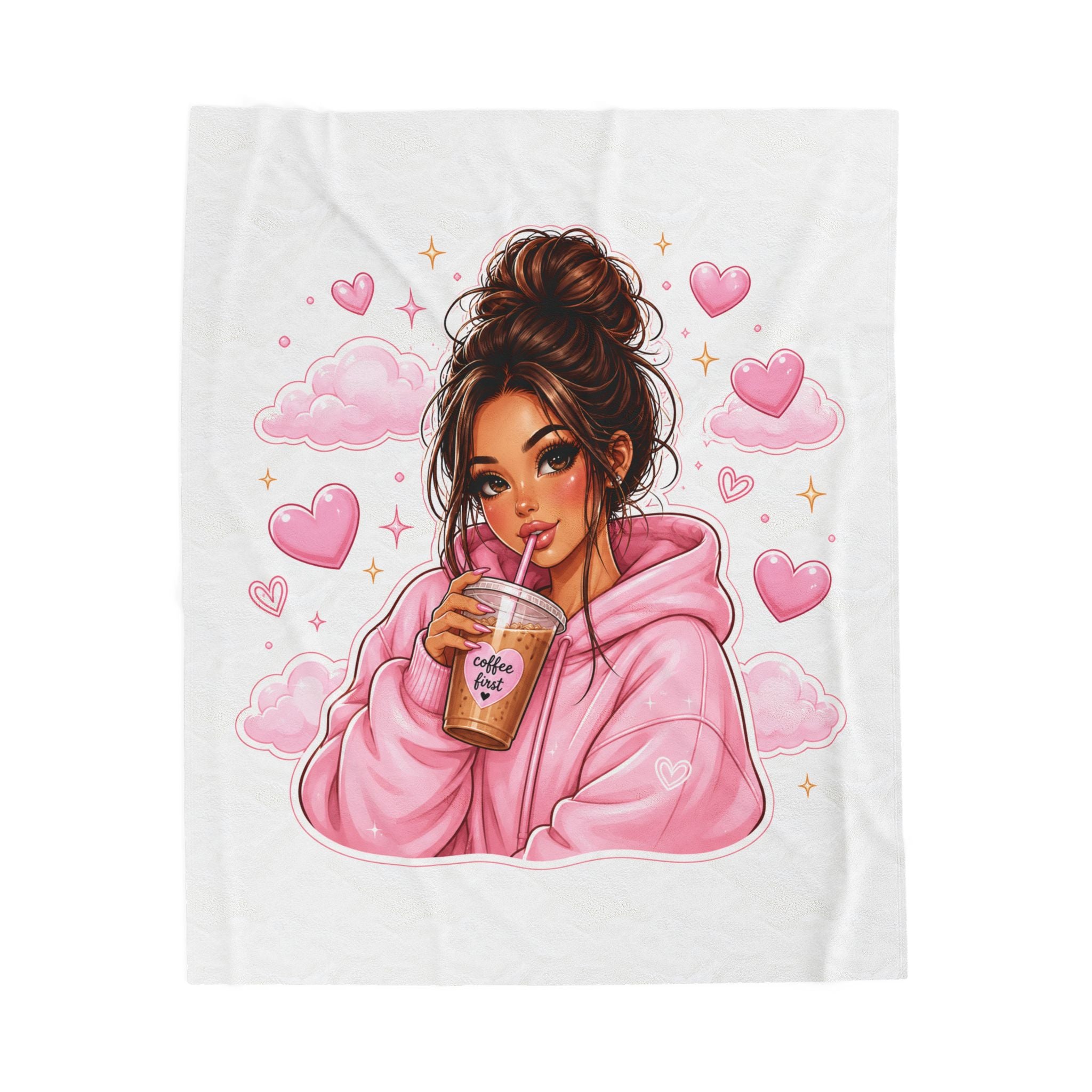 Velveteen Plush Blanket — Cozy Pink Hoodie Girl with Coffee Illustration
