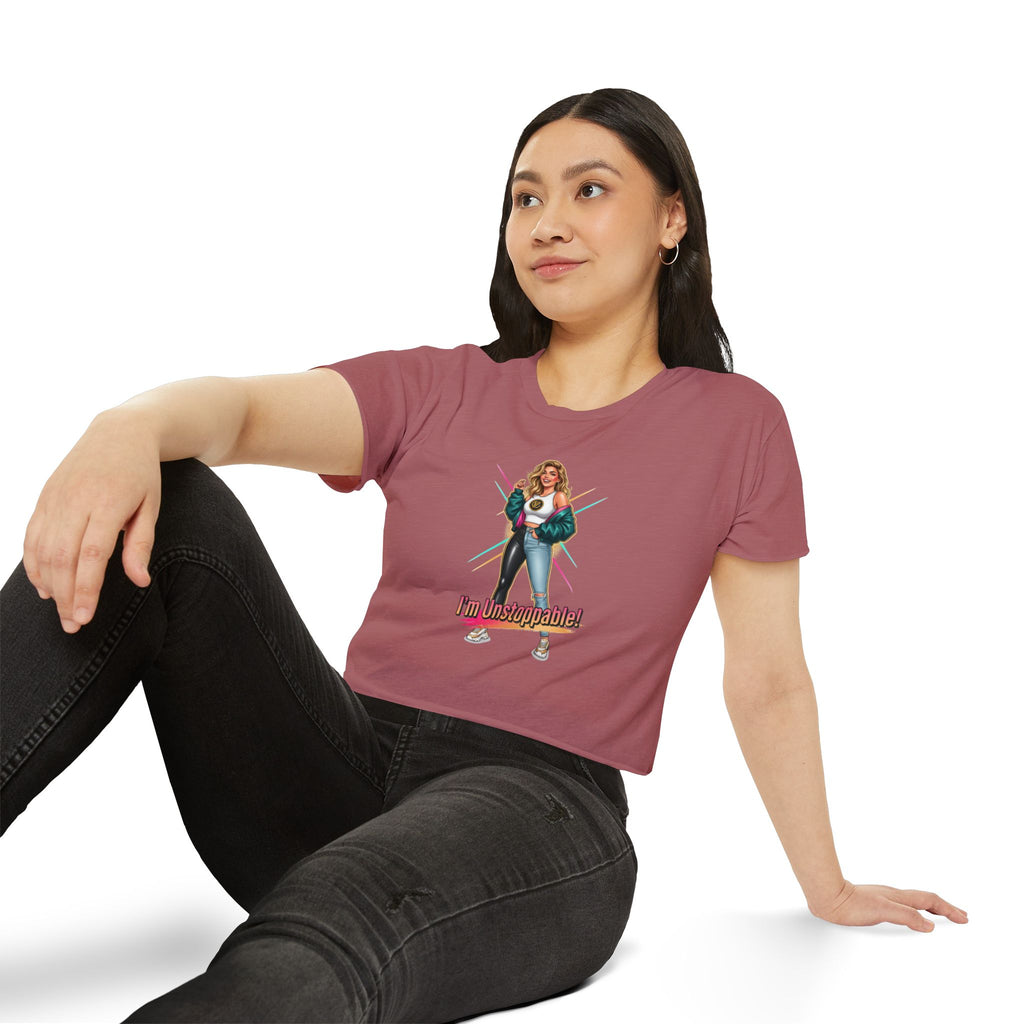 Women’s Festival Crop Top — “I’m Unstoppable!” Retro 80s Empowerment Tee