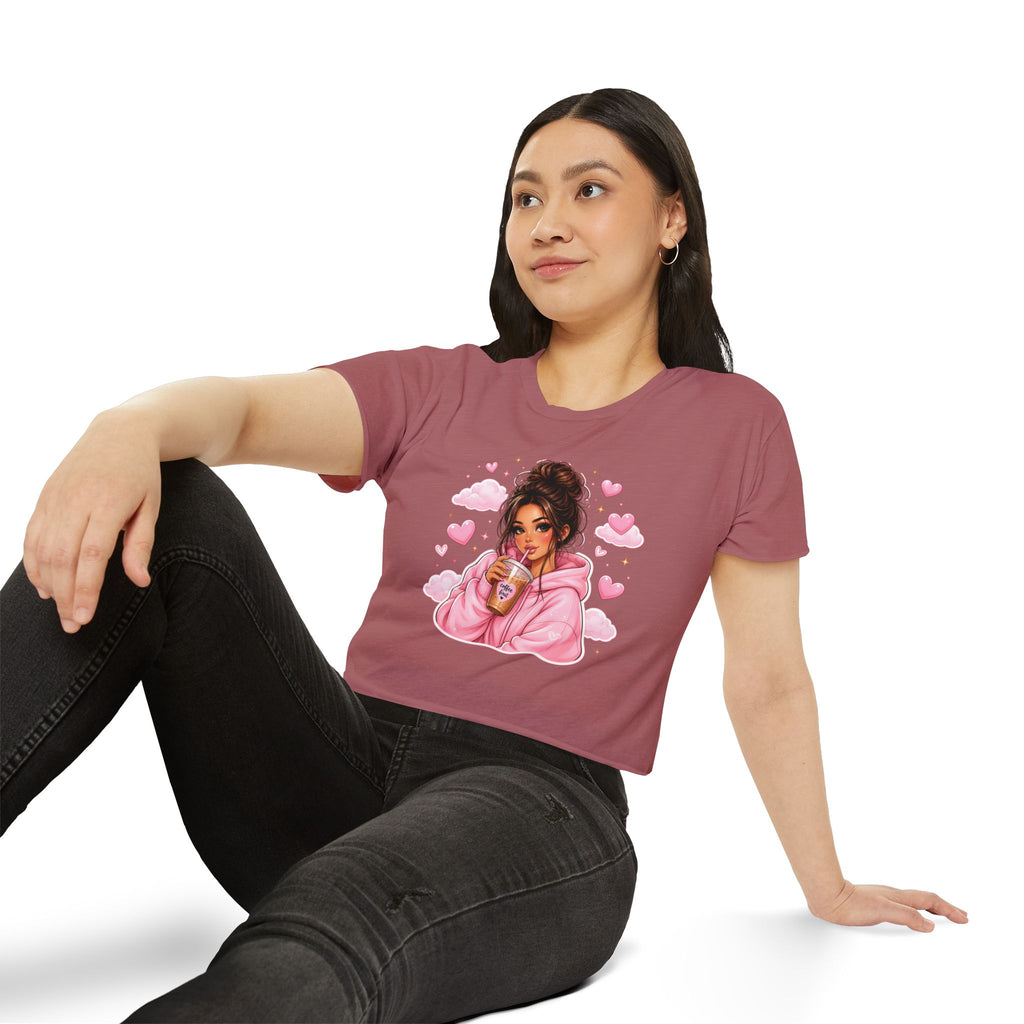 Women's Crop Top — Cute Pink Hoodie Girl Drinking Boba Illustration