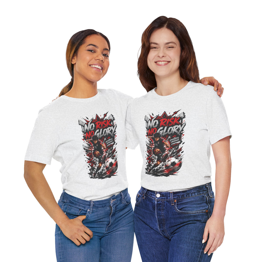 No Risk No Glory Soccer T-Shirt — Dynamic Football Player Graphic Tee