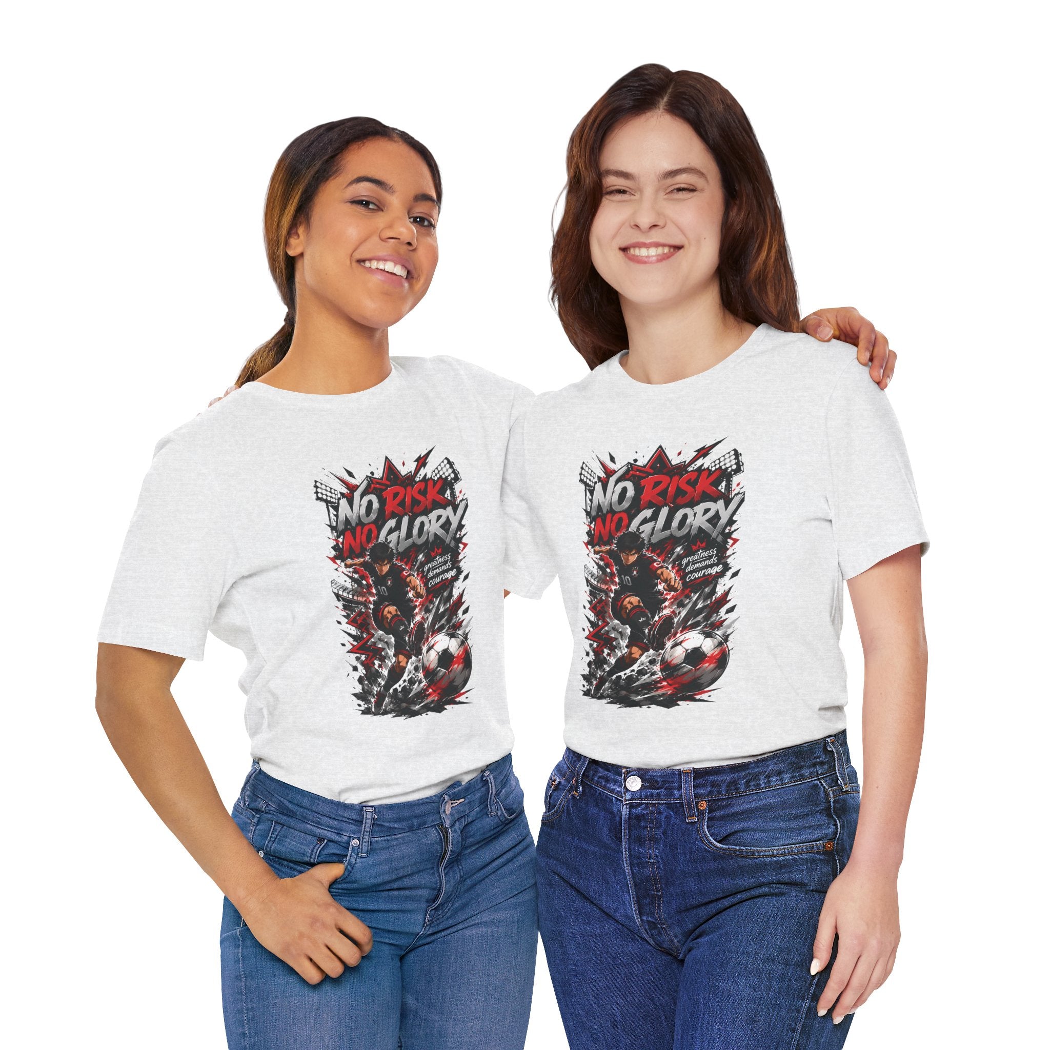 No Risk No Glory Soccer T-Shirt — Dynamic Football Player Graphic Tee