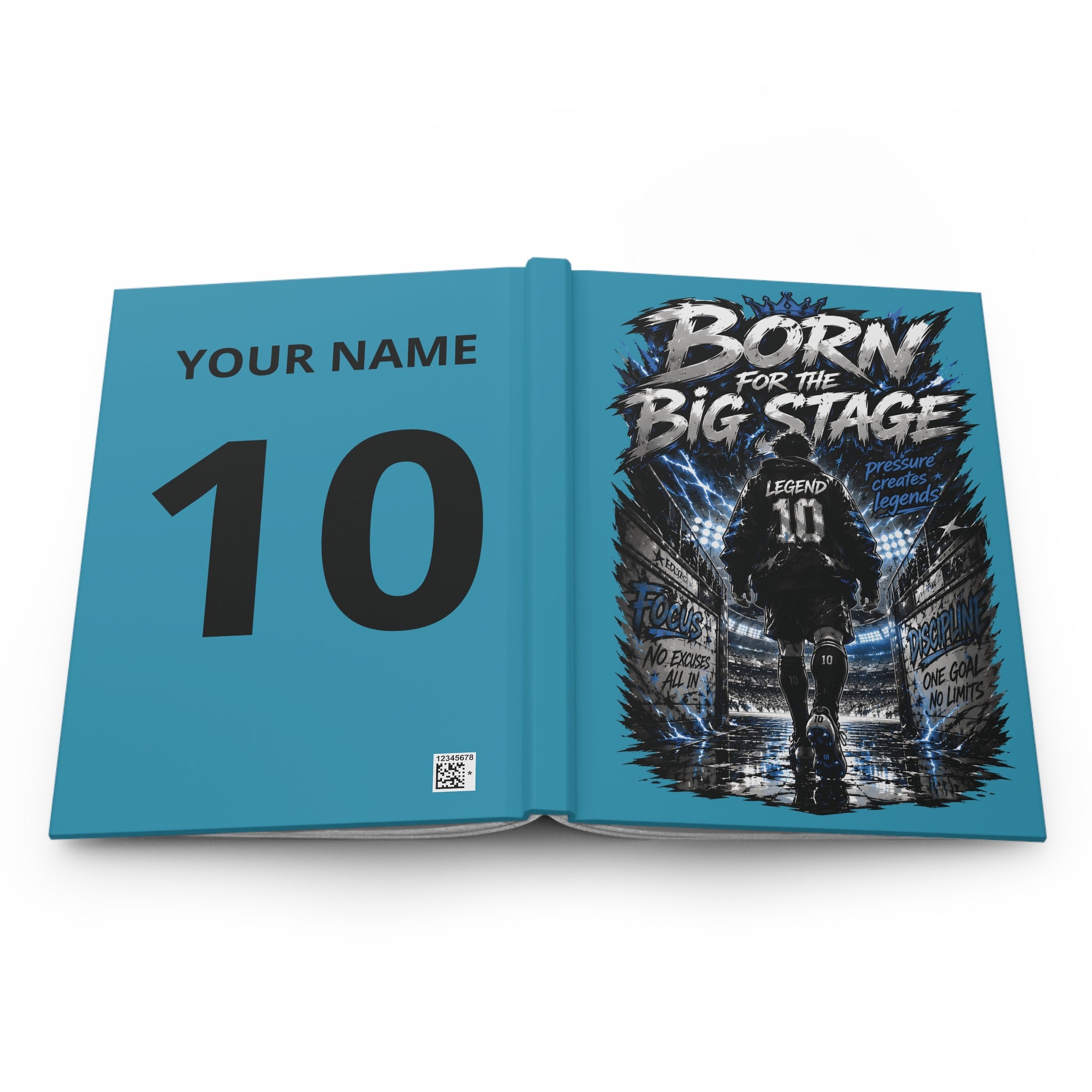 Born for the Big Stage Hardcover Journal — Personalized Soccer Player Notebook (Your Name & Number)