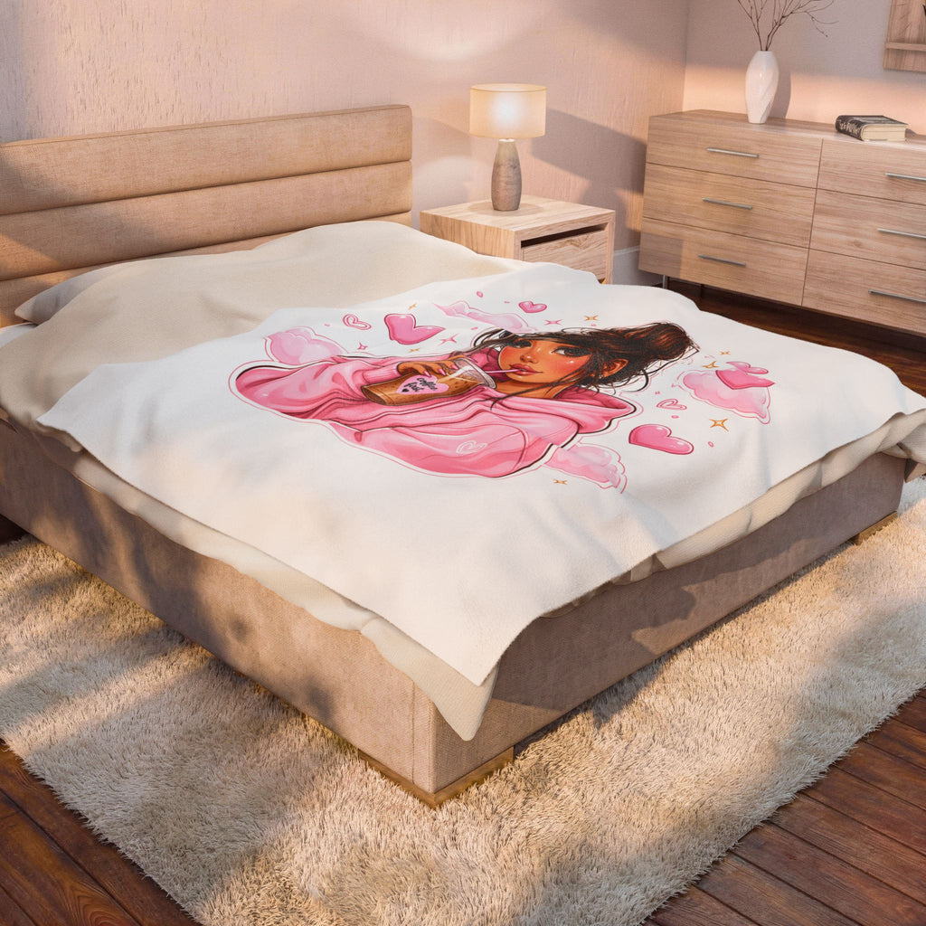 Velveteen Plush Blanket — Cozy Pink Hoodie Girl with Coffee Illustration