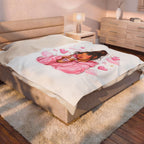Velveteen Plush Blanket — Cozy Pink Hoodie Girl with Coffee Illustration