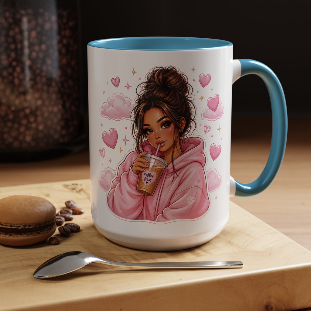 Cute Girl Pink Hoodie Coffee Mug — Iced Coffee Aesthetic Accent Mug (11/15oz)
