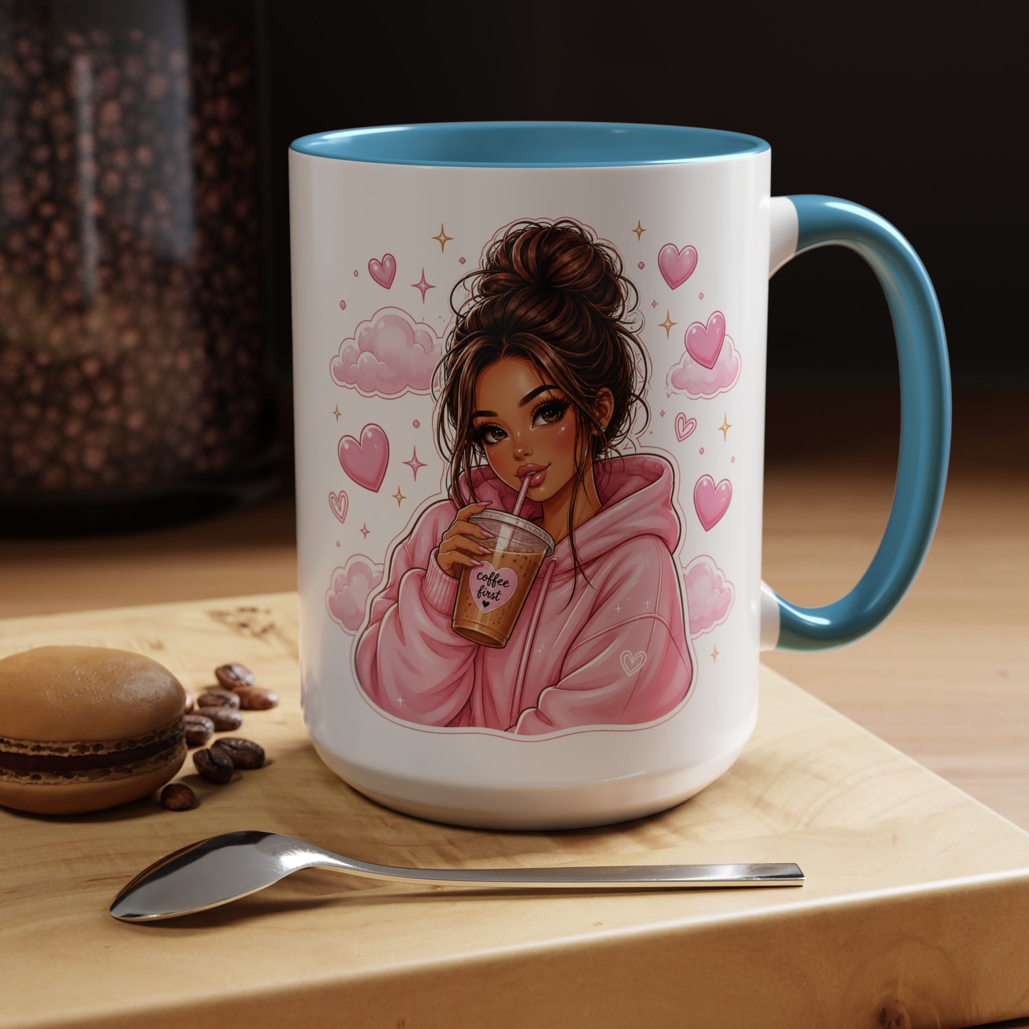 Cute Girl Pink Hoodie Coffee Mug — Iced Coffee Aesthetic Accent Mug (11/15oz)