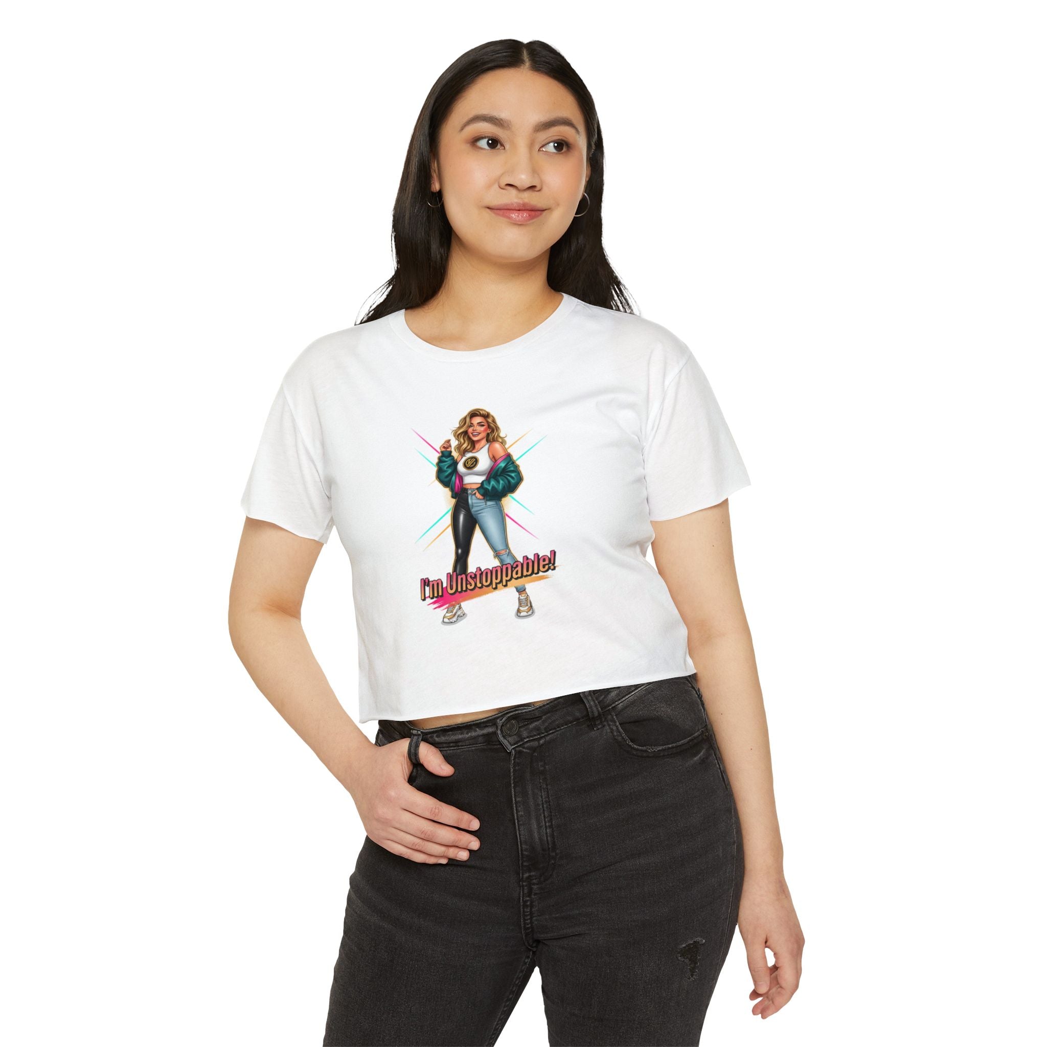 Women’s Festival Crop Top — “I’m Unstoppable!” Retro 80s Empowerment Tee