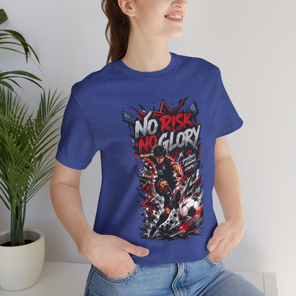 No Risk No Glory Soccer T-Shirt — Dynamic Football Player Graphic Tee