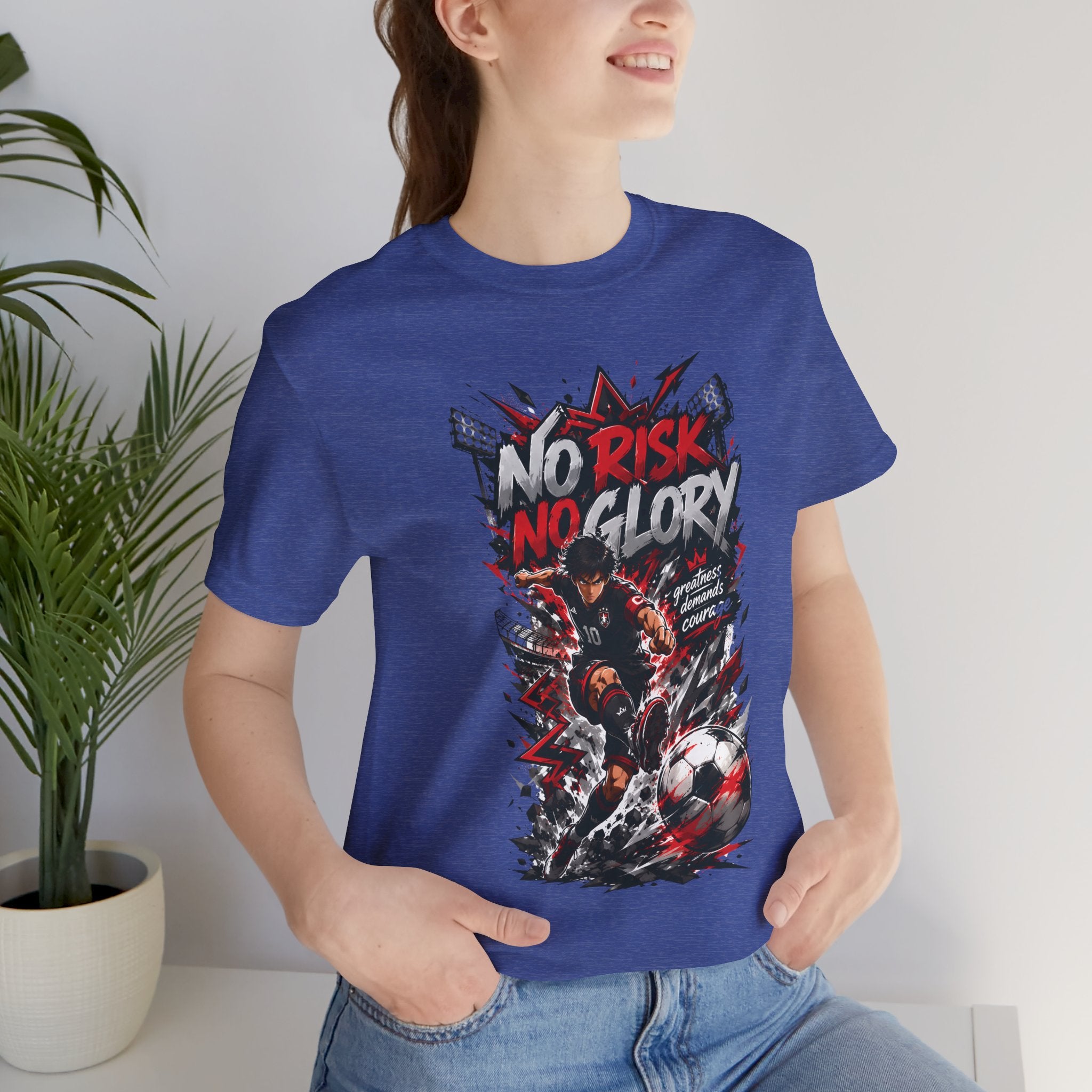 No Risk No Glory Soccer T-Shirt — Dynamic Football Player Graphic Tee