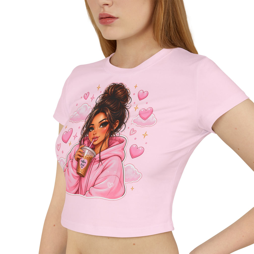 Baby Tee — Cute Girl Drinking Coffee Illustration, Pink Hearts Cozy Aesthetic Top