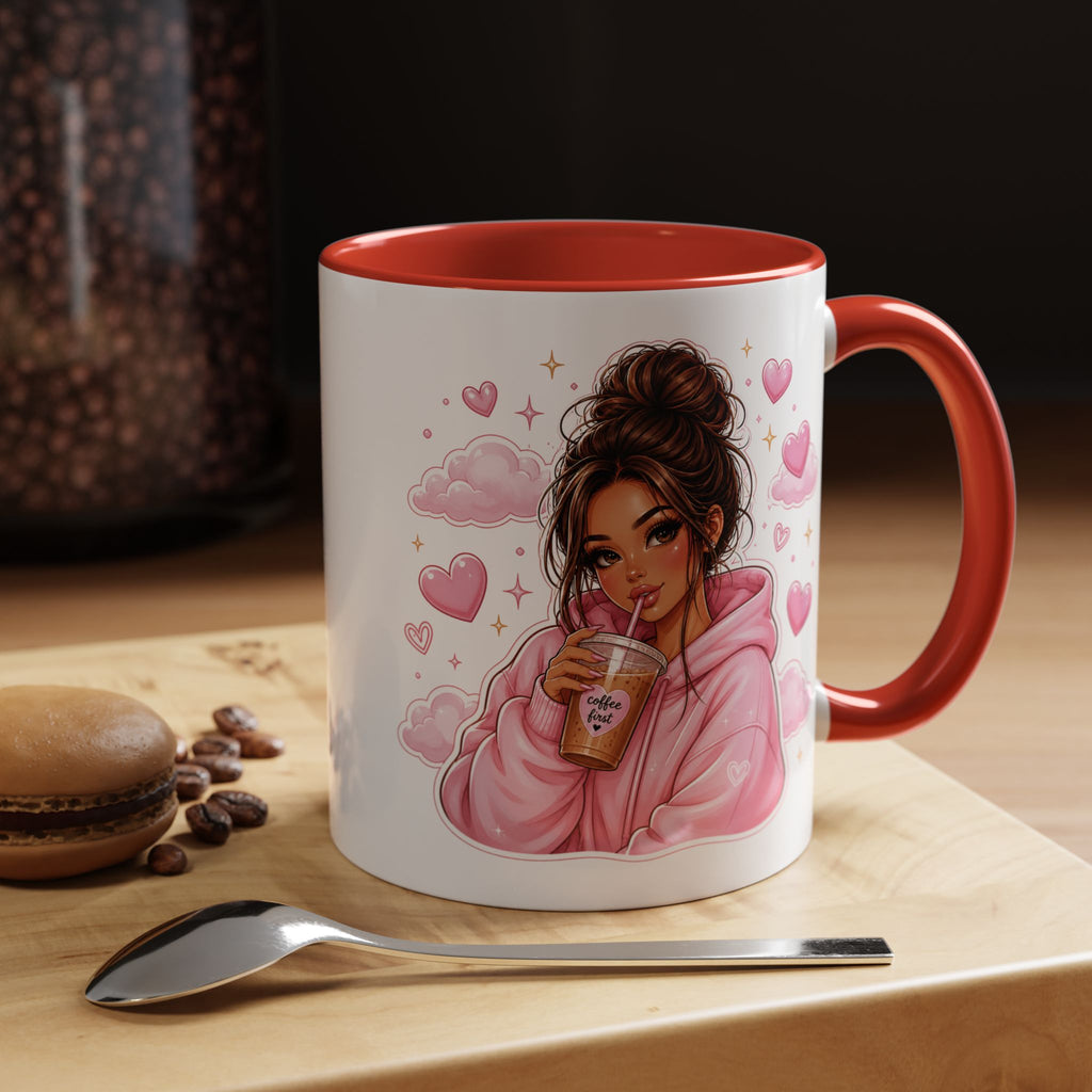 Cute Girl Pink Hoodie Coffee Mug — Iced Coffee Aesthetic Accent Mug (11/15oz)
