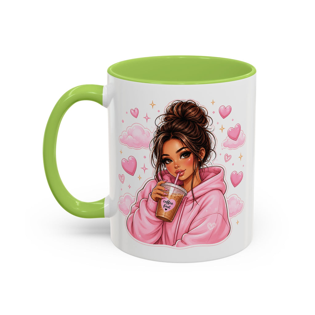 Cute Girl Pink Hoodie Coffee Mug — Iced Coffee Aesthetic Accent Mug (11/15oz)