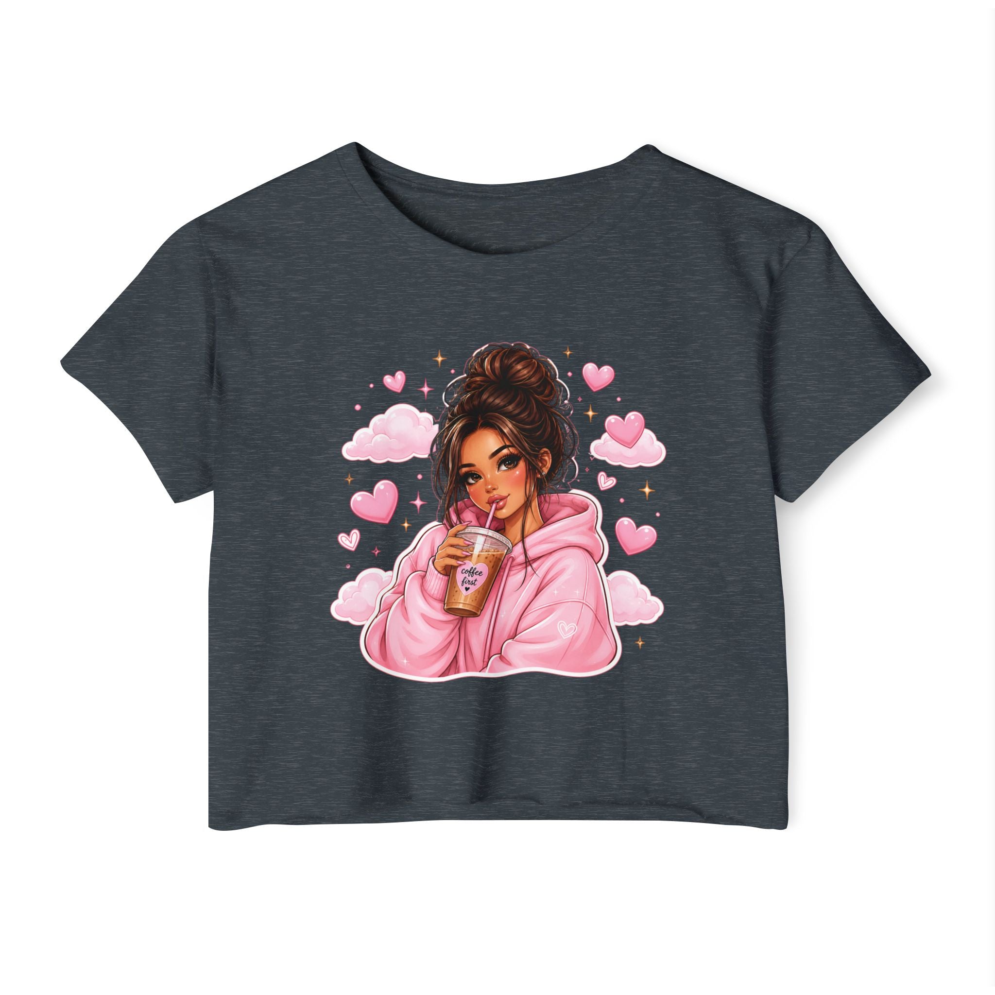 Women's Crop Top — Cute Pink Hoodie Girl Drinking Boba Illustration