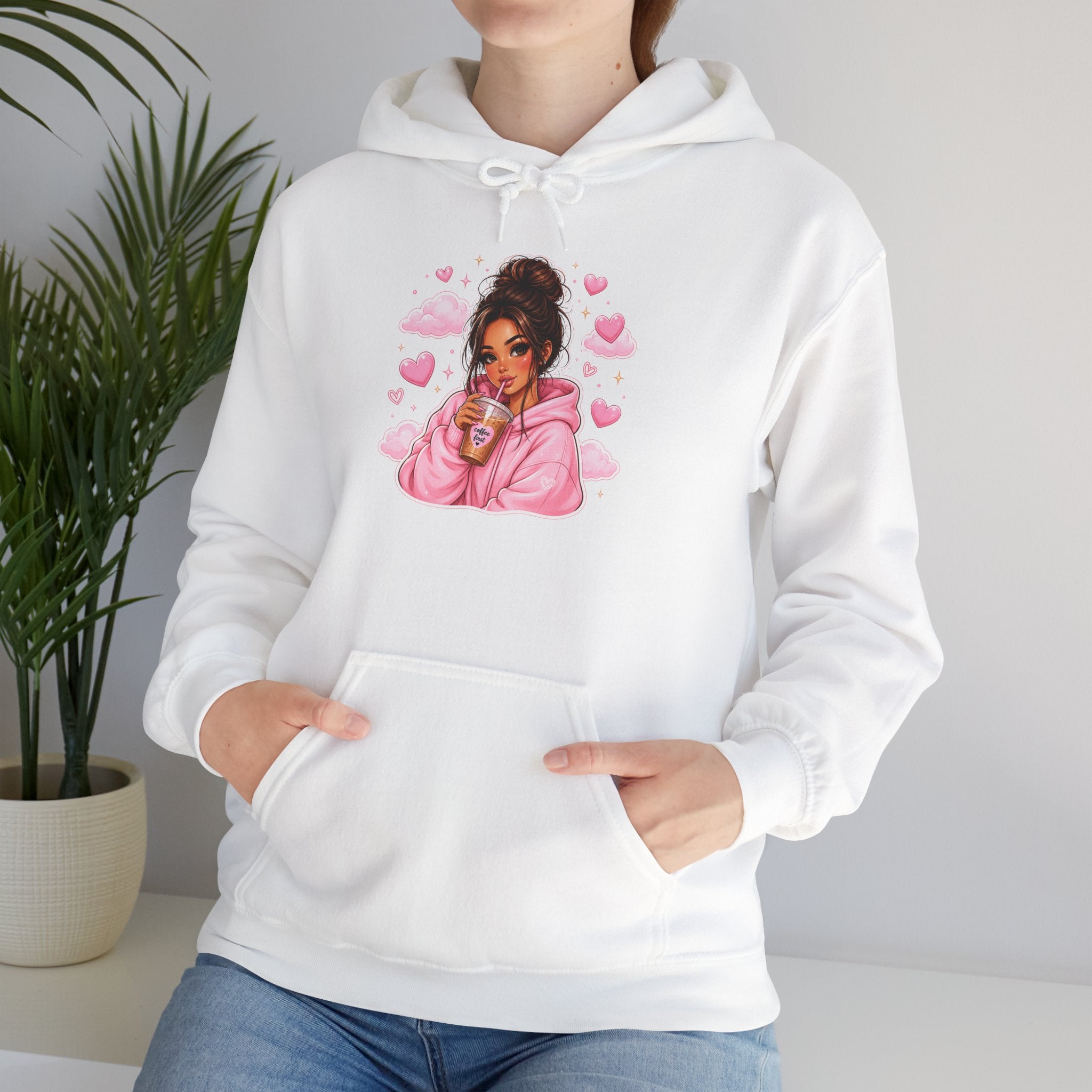 Cute Pink Heart Girl Hoodie — Cozy Graphic Sweatshirt