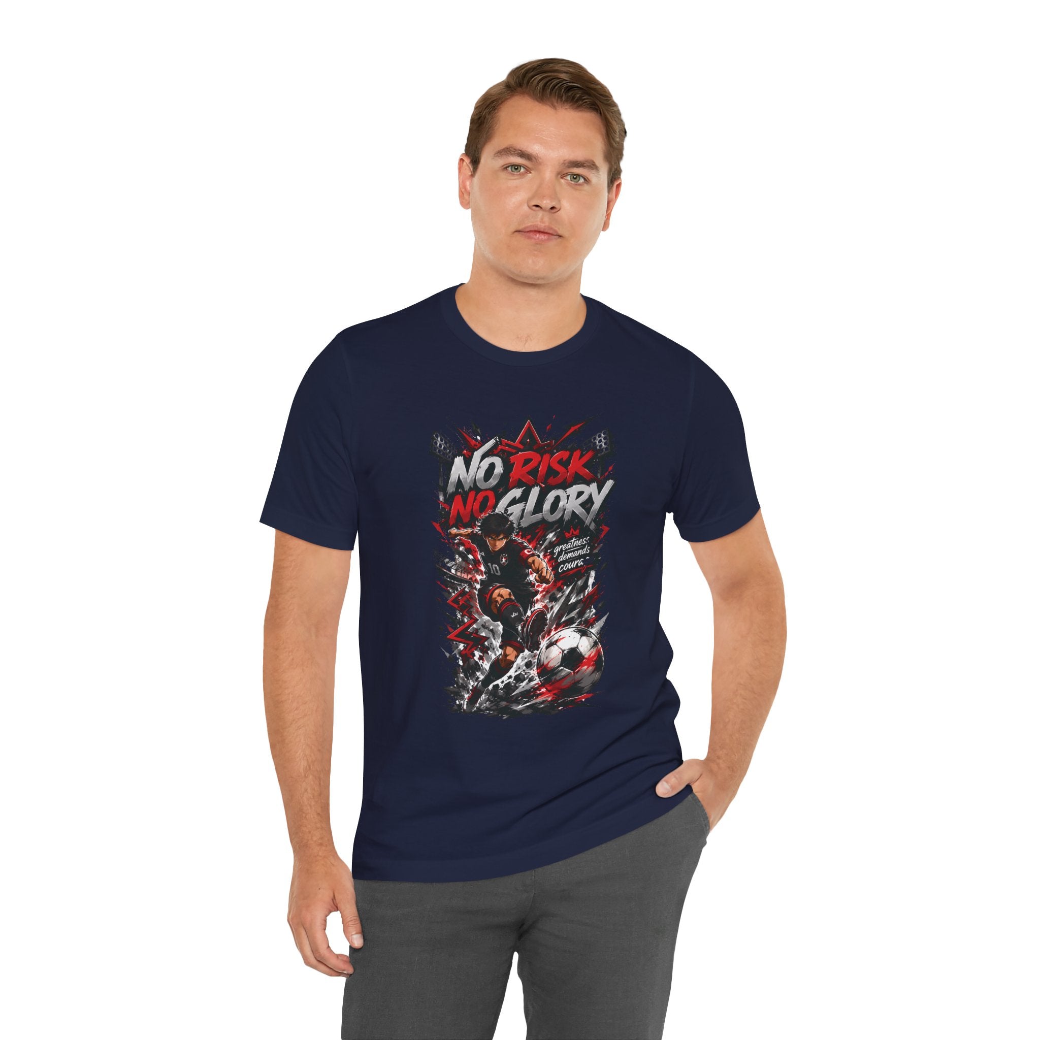 No Risk No Glory Soccer T-Shirt — Dynamic Football Player Graphic Tee