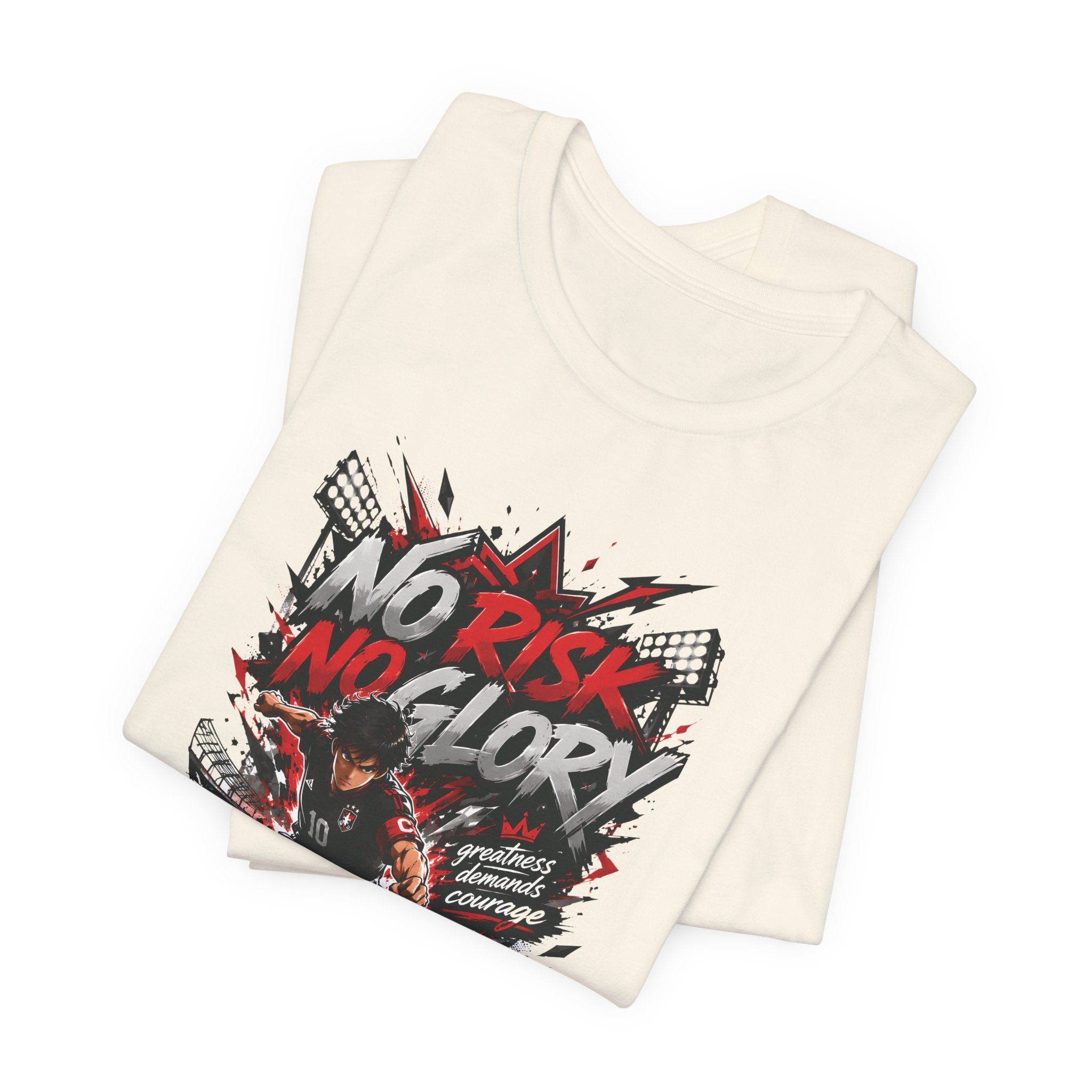 No Risk No Glory Soccer T-Shirt — Dynamic Football Player Graphic Tee