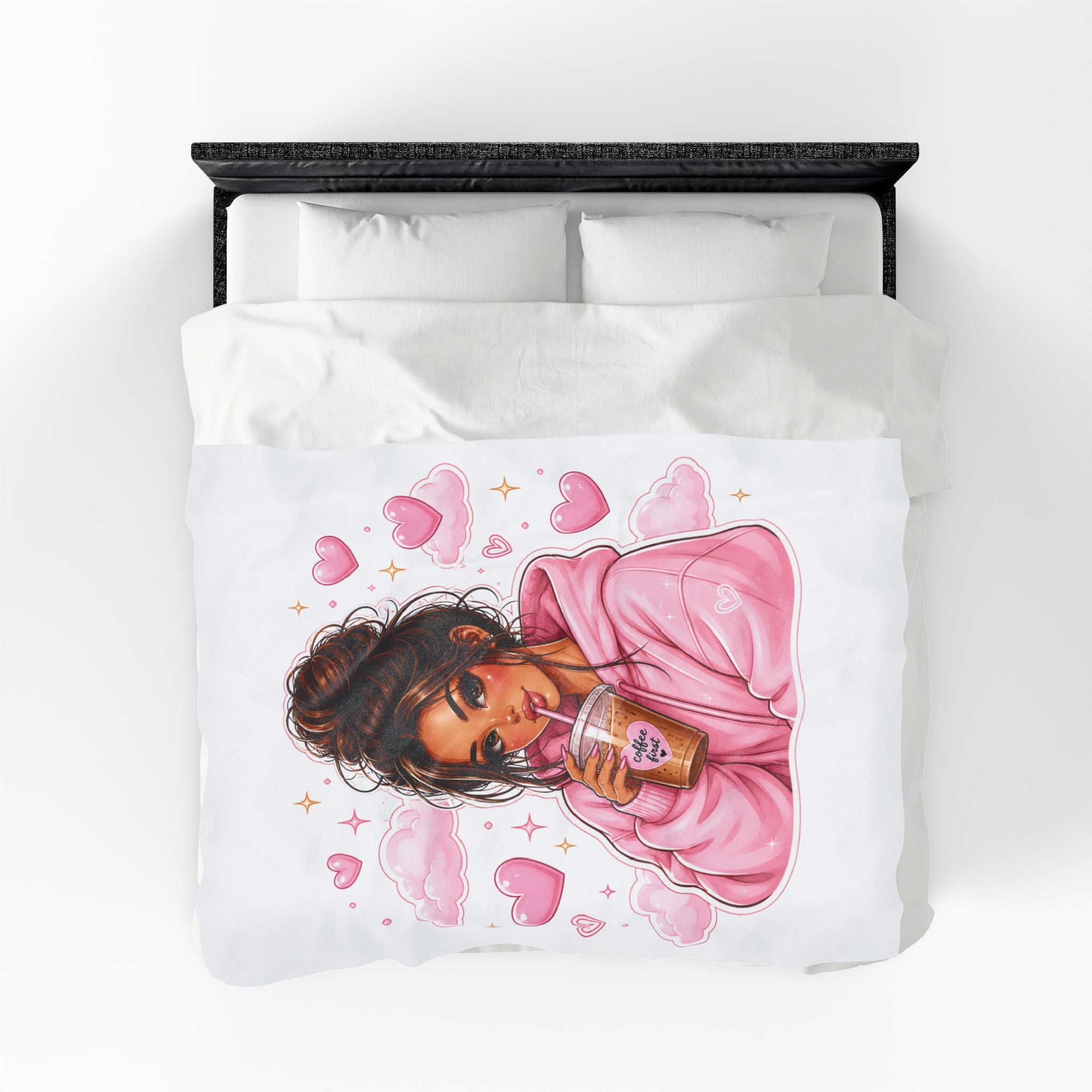 Velveteen Plush Blanket — Cozy Pink Hoodie Girl with Coffee Illustration
