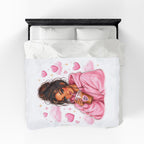 Velveteen Plush Blanket — Cozy Pink Hoodie Girl with Coffee Illustration