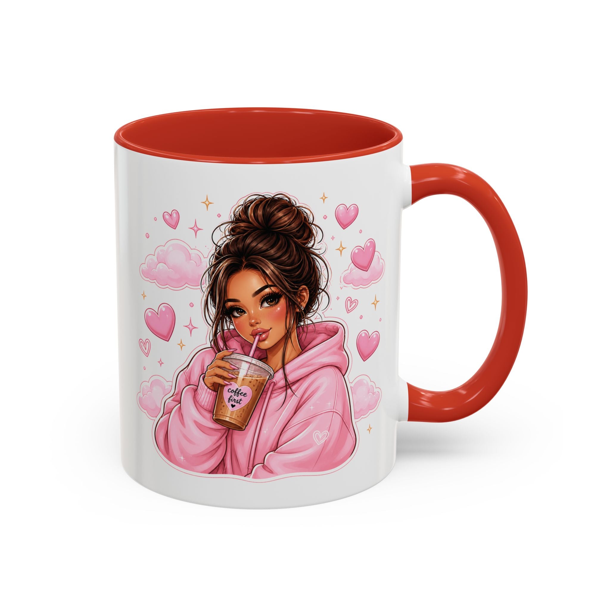 Cute Girl Pink Hoodie Coffee Mug — Iced Coffee Aesthetic Accent Mug (11/15oz)