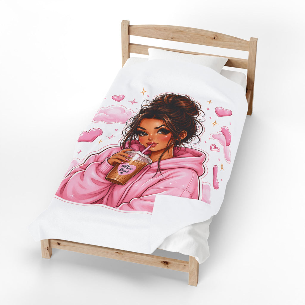 Velveteen Plush Blanket — Cozy Pink Hoodie Girl with Coffee Illustration