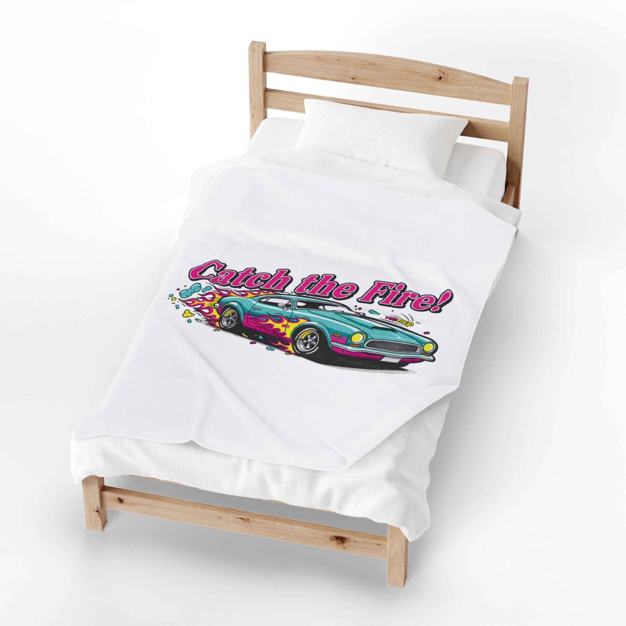 Catch the Fire Retro Cartoon Car Velveteen Plush Blanket | racing flame, vintage car illustration