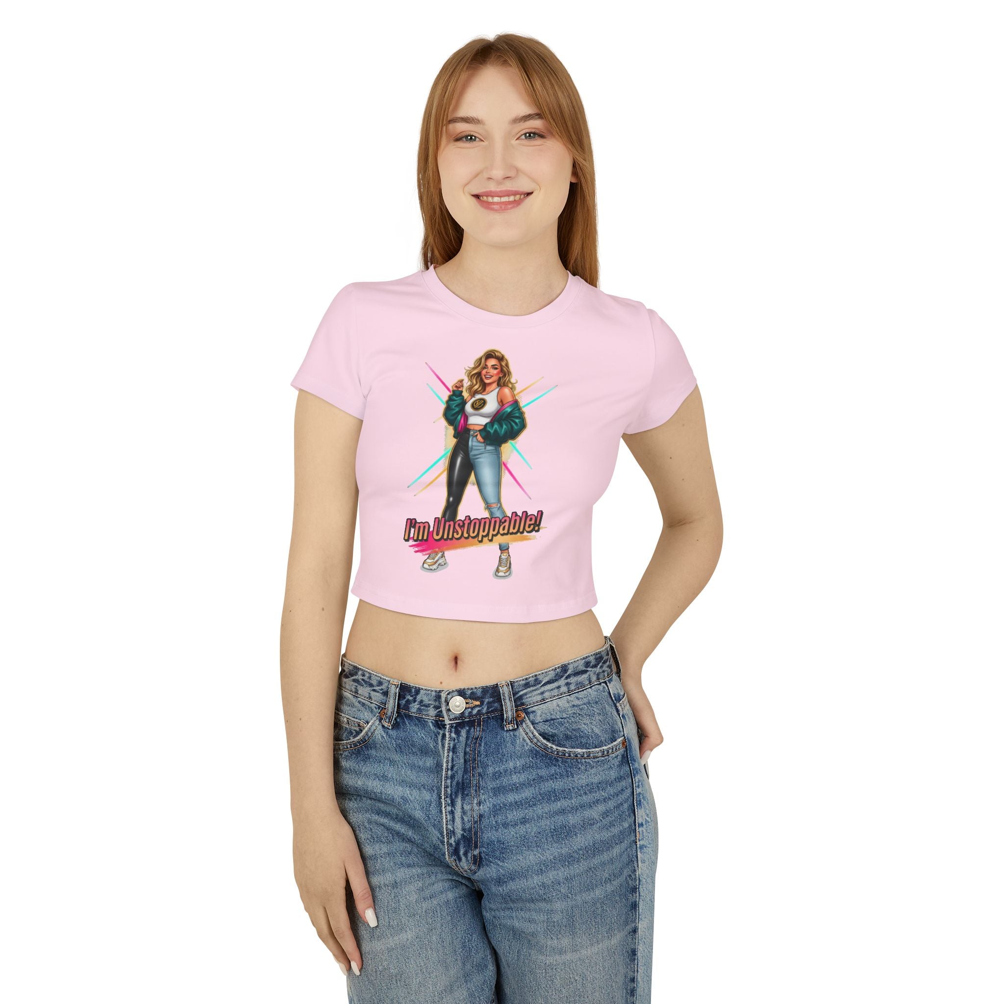 I'm Unstoppable! Women's Baby Tee - Empowering Retro Graphic Crop Top